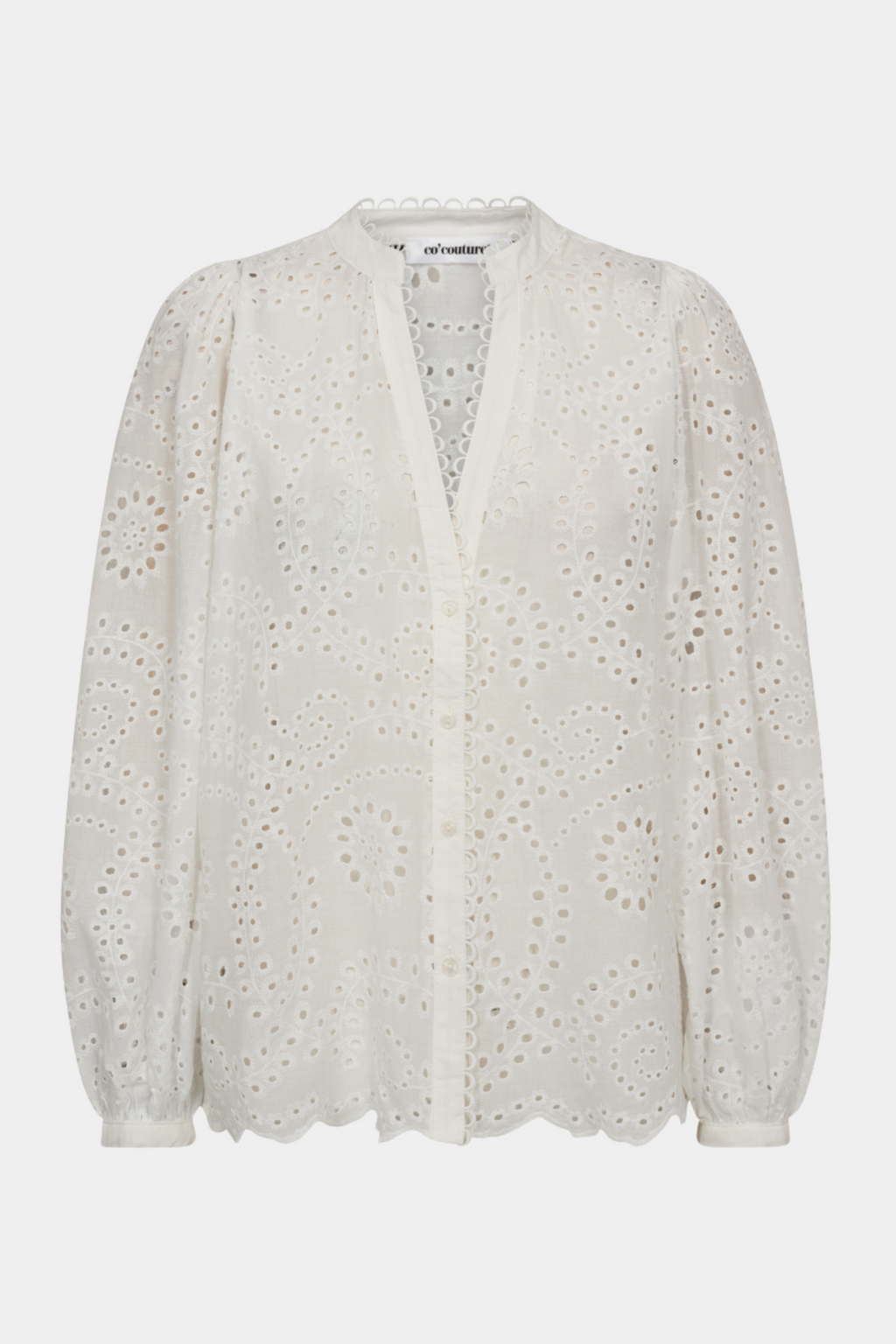 bluse, skjorte, shirt, blouse, skjortebluse, hvid, white, broderi, broderet, anglaise, elegant, fin, feminin, hverdag, fest, v-hals, langærmet, kvinde, dame, woman