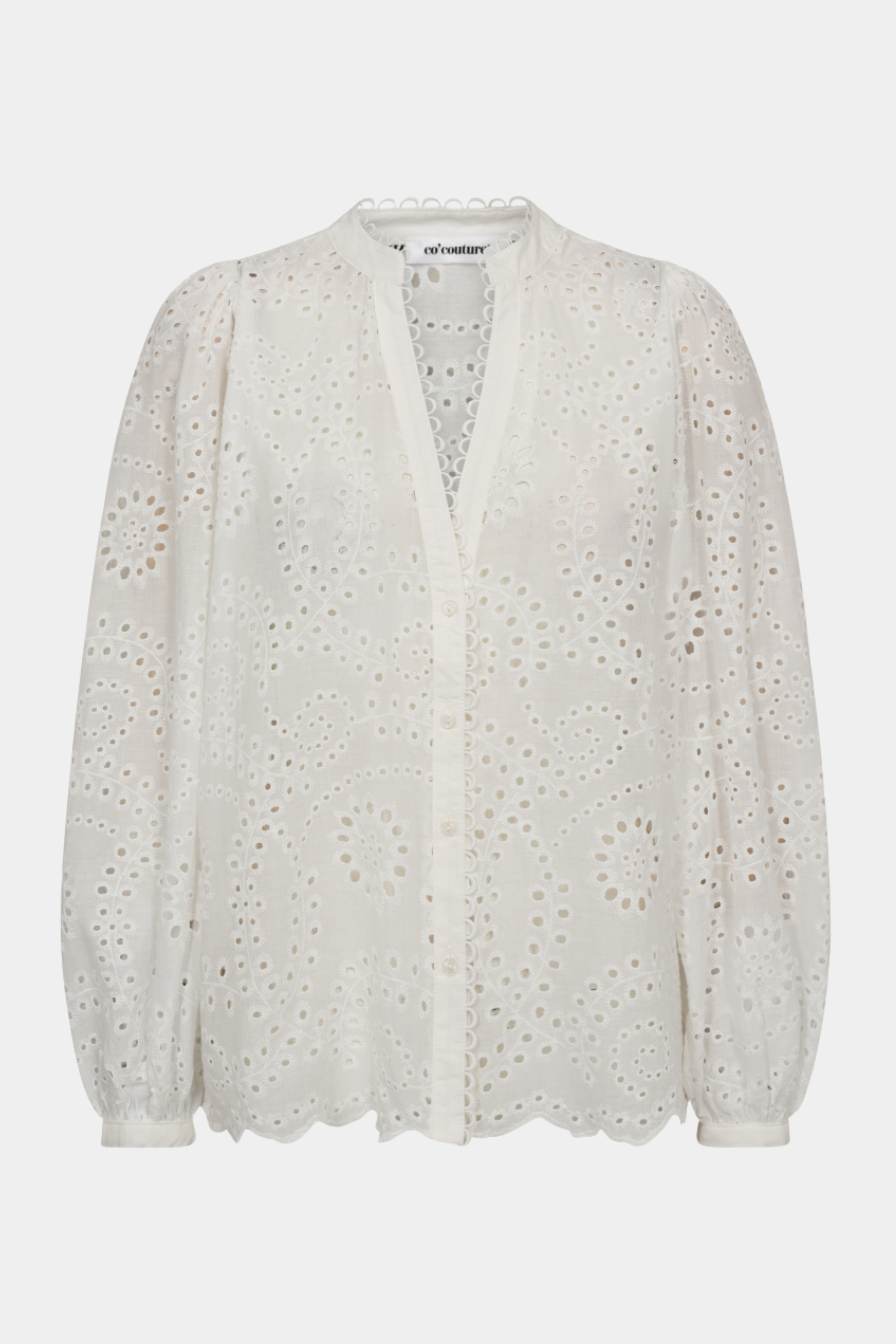 bluse, skjorte, shirt, blouse, skjortebluse, hvid, white, broderi, broderet, anglaise, elegant, fin, feminin, hverdag, fest, v-hals, langærmet, kvinde, dame, woman