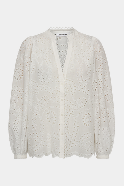 bluse, skjorte, shirt, blouse, skjortebluse, hvid, white, broderi, broderet, anglaise, elegant, fin, feminin, hverdag, fest, v-hals, langærmet, kvinde, dame, woman