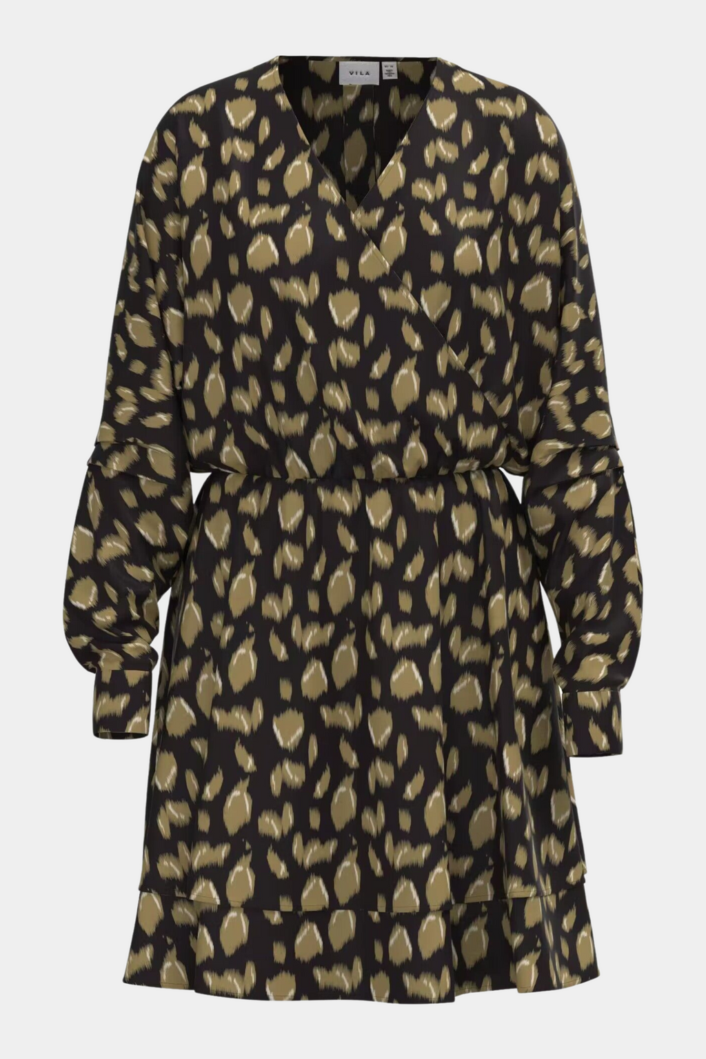 kjole, dress, wrap, grøn, army, sort, print, satin, langærmet, elastik, talje, løs, loose, amme, ammevenlig, gravid, kvinde, dame, woman, fin, hverdag, fest