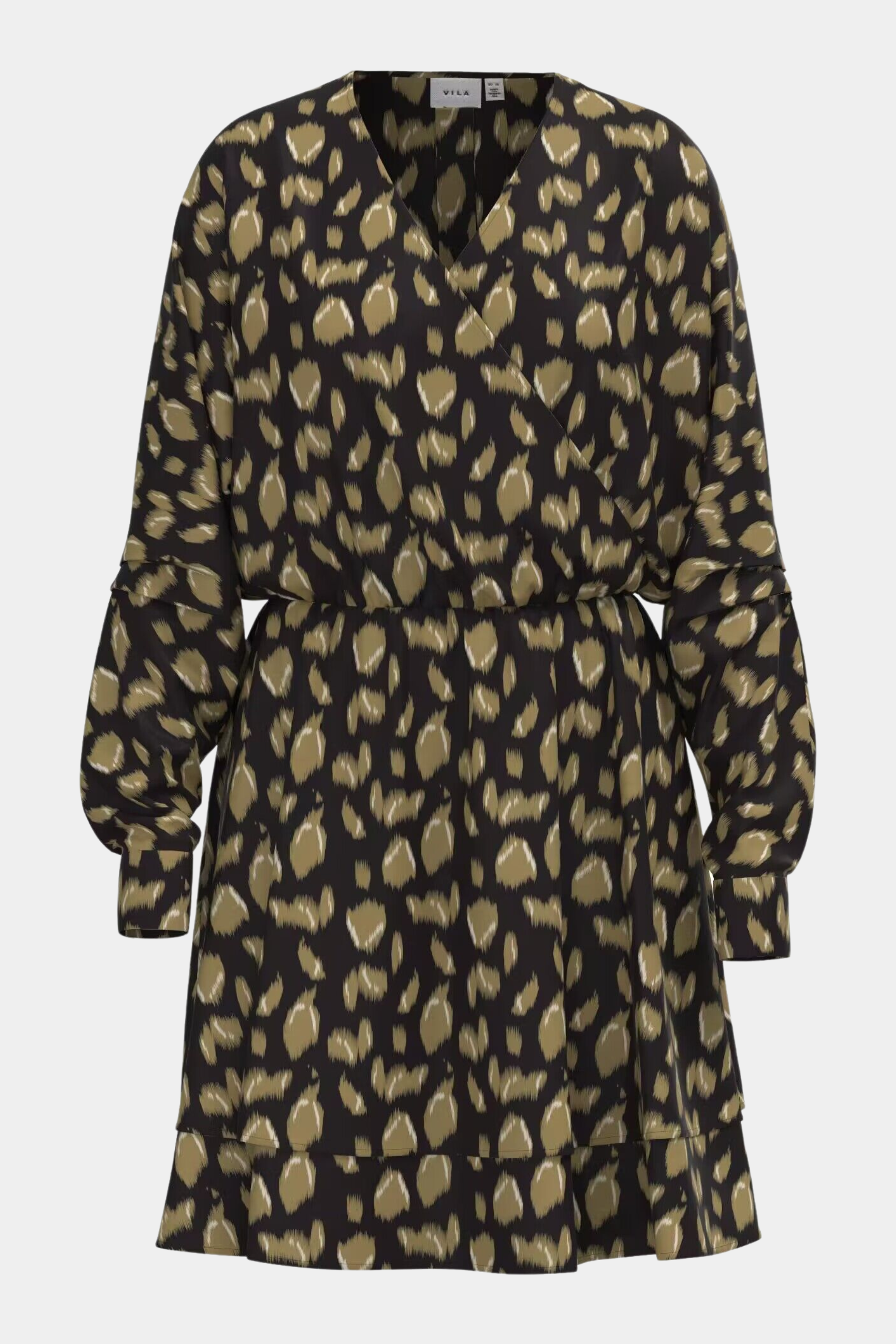 kjole, dress, wrap, grøn, army, sort, print, satin, langærmet, elastik, talje, løs, loose, amme, ammevenlig, gravid, kvinde, dame, woman, fin, hverdag, fest