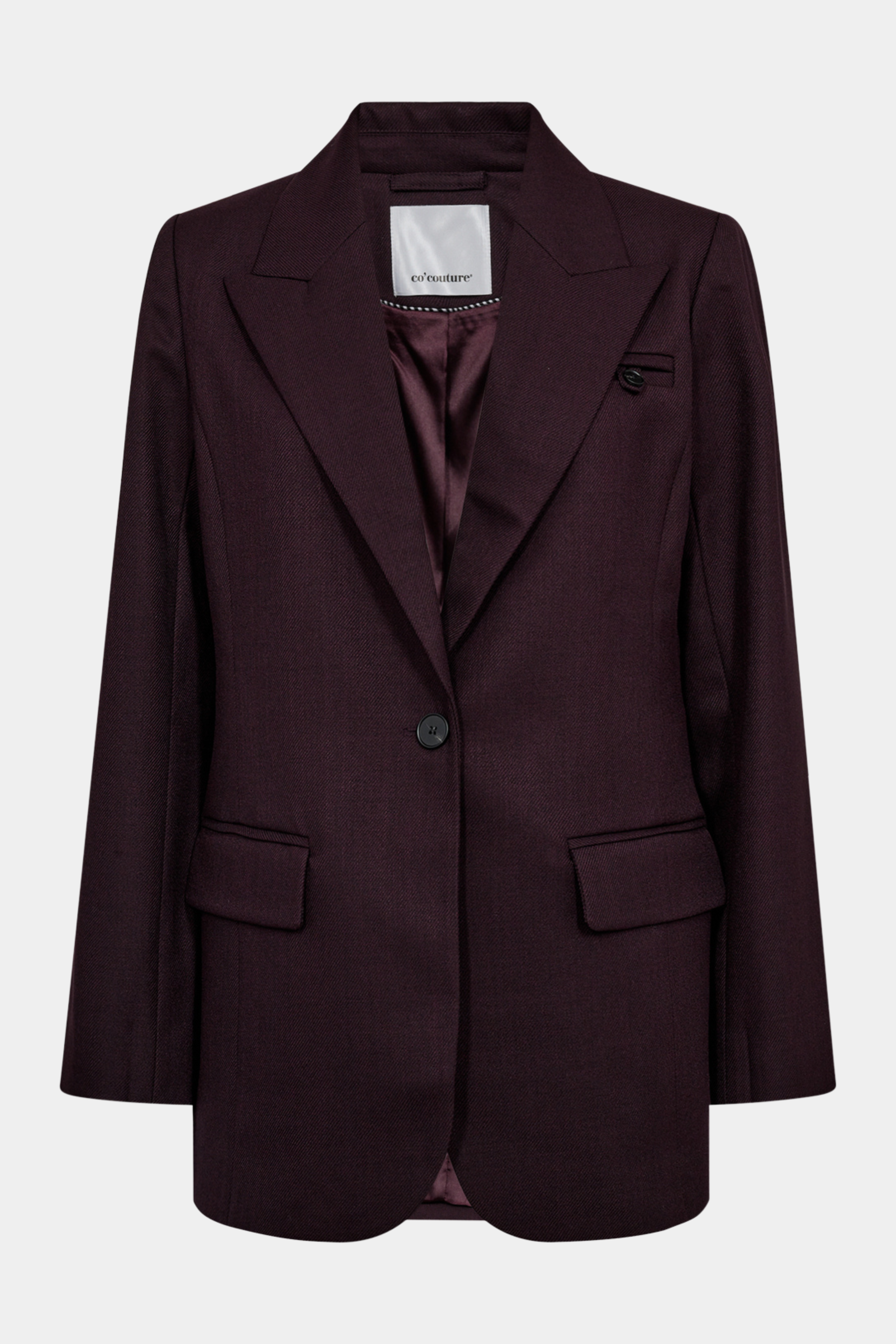 Fin, smuk, elegant, klassisk, staple, feminin, pæn, rå, cool, sej, unik, musthave, hverdag, fest, kvinde, dame, woman, blazer, blazerjakke, habit, habitjakke, suit, suiting, blomme, blommefarvet, plum, mørkelilla, løs, loose, oversize, oversized, lommer, indsnøring, talje, knapper, classic, klassisk