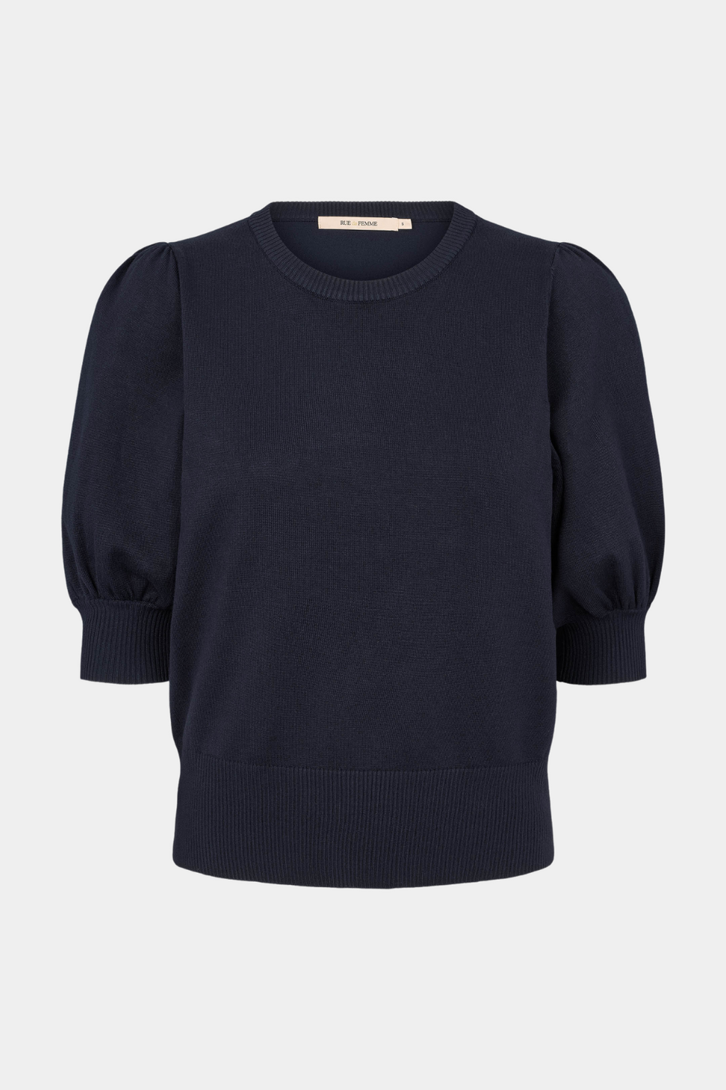 strik, knit, blød, let, blå, navy, mørkeblå, pufærmer, rundhals, Fin, smuk, elegant, klassisk, staple, feminin, pæn, rå, cool, sej, unik, musthave, hverdag, fest, kvinde, dame, woman
