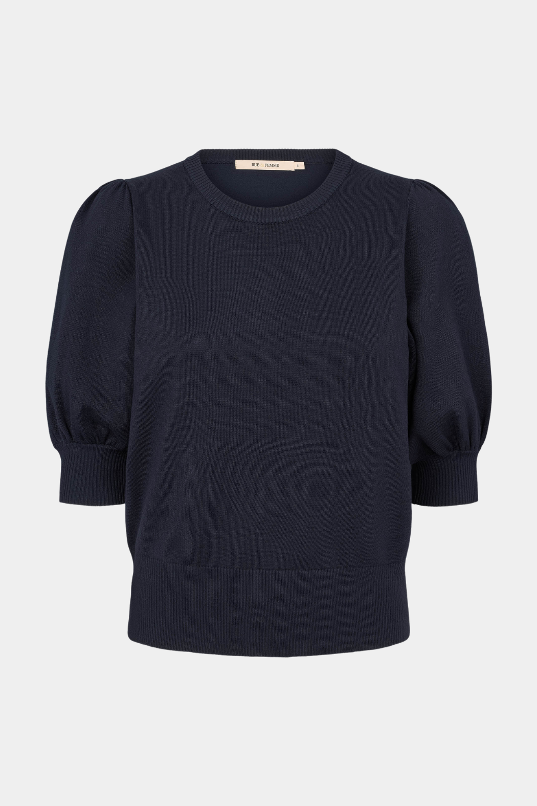 strik, knit, blød, let, blå, navy, mørkeblå, pufærmer, rundhals, Fin, smuk, elegant, klassisk, staple, feminin, pæn, rå, cool, sej, unik, musthave, hverdag, fest, kvinde, dame, woman
