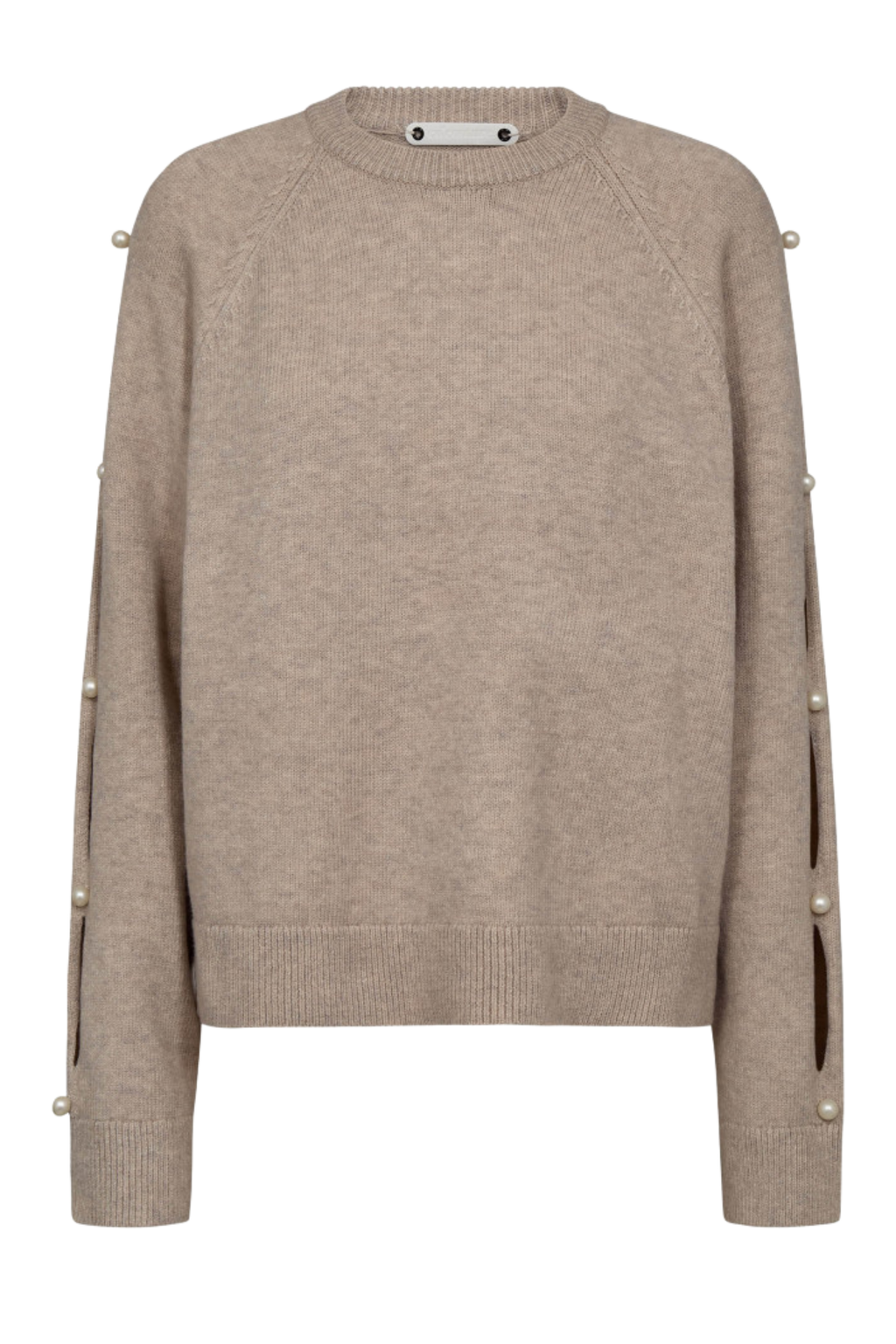 strik, knit, trøje, pullover, hul, huller, perler, rundhals, beige, brun, valnød, Fin, smuk, elegant, klassisk, staple, feminin, pæn, rå, cool, sej, unik, musthave, hverdag, fest, kvinde, dame, woman
