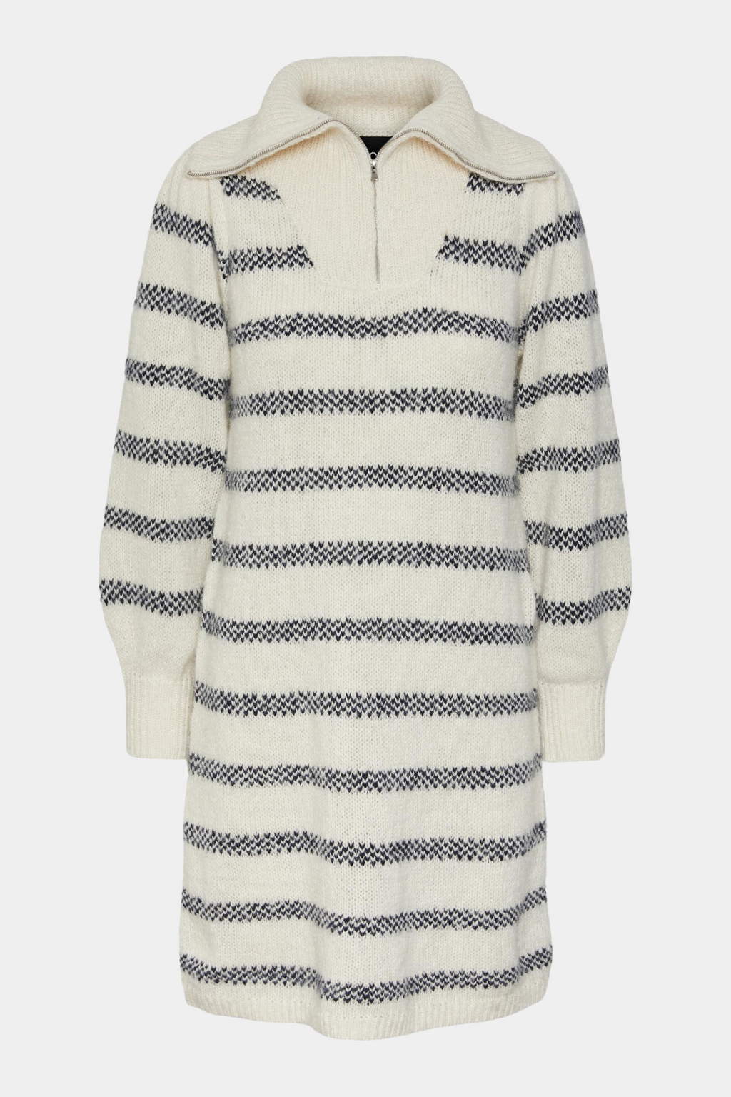 kjole strik, knit, strikkjole, knitdress, langærmet, stribet, råhvid, mørkeblå, dark blue, rullekrave, turtle neck, lynlås, zipper, knælang, midi, pufærme, blød, soft, varm, warm, løs, loose, cool, elegant, feminin, kvinde, dame, woman