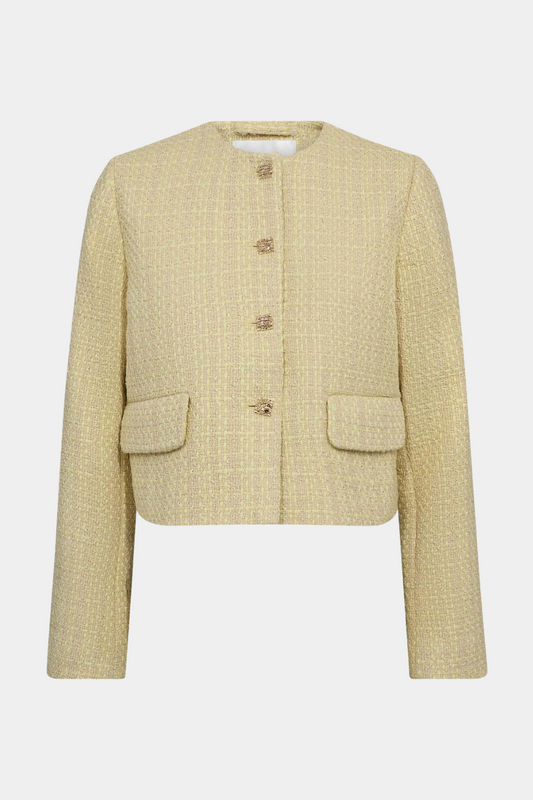 jakke,frakke, gul, lysegul, knapper, gul, boucle, lort, Fin, smuk, elegant, klassisk, staple, feminin, pæn, rå, cool, sej, unik, musthave, hverdag, fest, kvinde, dame, woman
