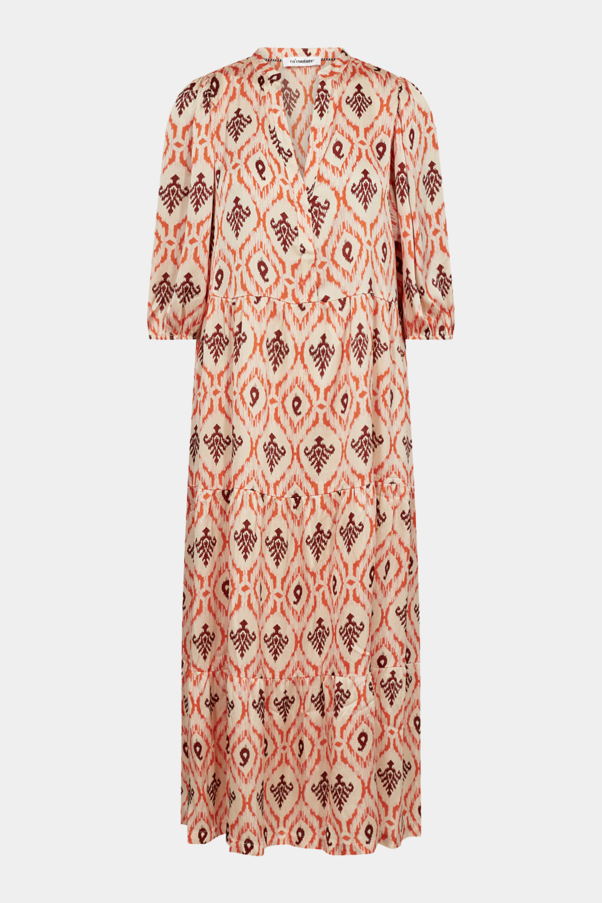 kjole, dress, maxi, maxikjole, maxidress, print, boheme, rød, orange, farver, color, kortærmet, løs, loose, elegant, fin, feminin, sommer, sommerkjole, let, hverdag, fest, kvinde, dame, woman