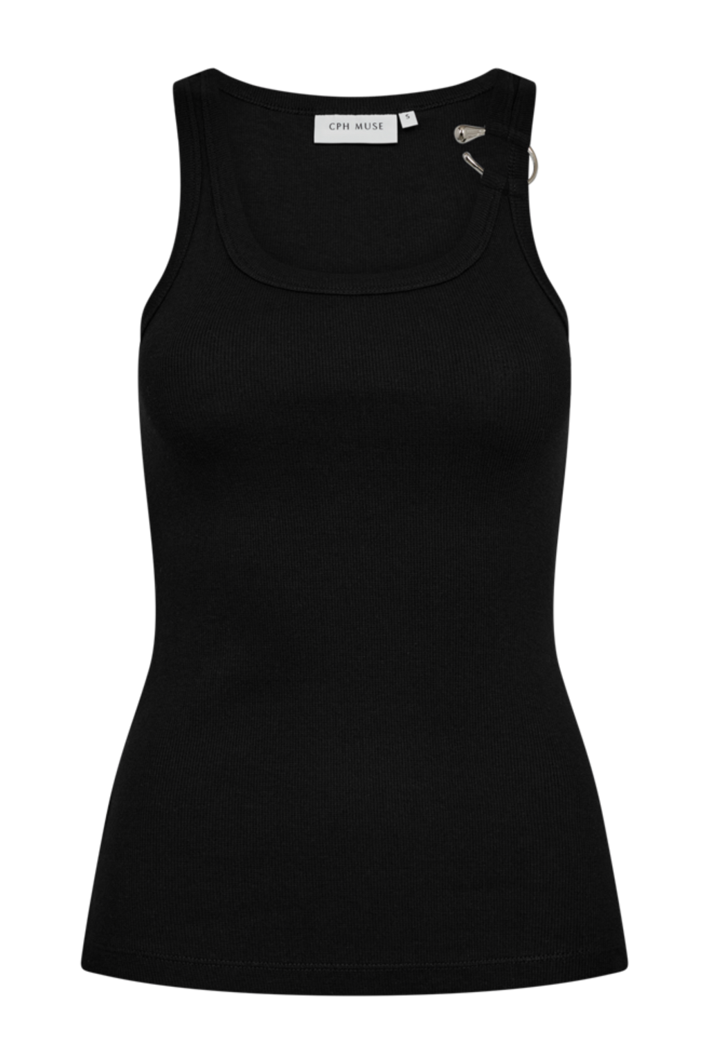 Fin, smuk, elegant, klassisk, staple, feminin, pæn, rå, cool, sej, unik, musthave, hverdag, fest, kvinde, dame, woman, top, tætsiddende, tight, slim, rib, ribstrik, blød, soft, spænde, rund hals, udskæring, basic, basis, black, sort, sølv, silver