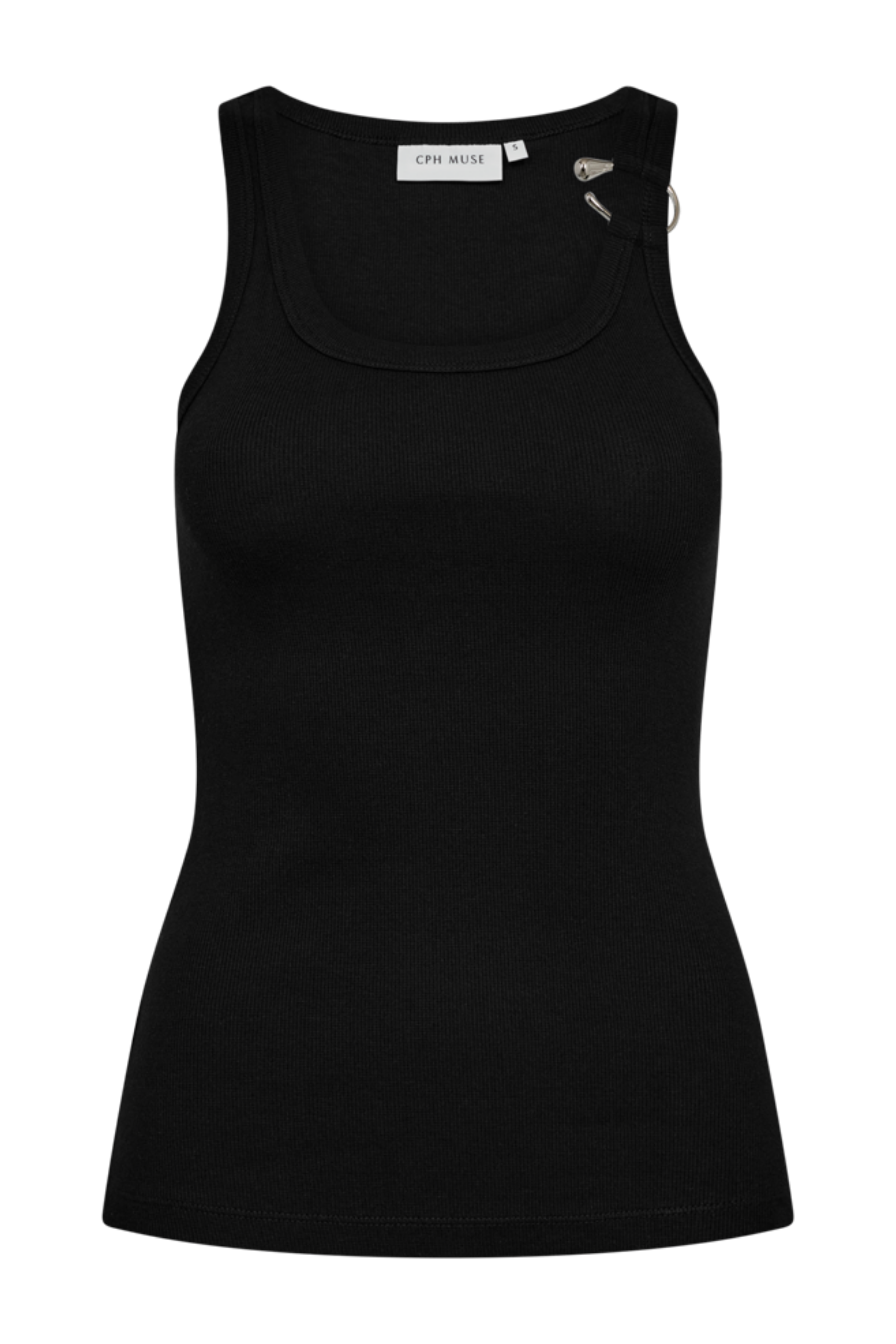 Fin, smuk, elegant, klassisk, staple, feminin, pæn, rå, cool, sej, unik, musthave, hverdag, fest, kvinde, dame, woman, top, tætsiddende, tight, slim, rib, ribstrik, blød, soft, spænde, rund hals, udskæring, basic, basis, black, sort, sølv, silver