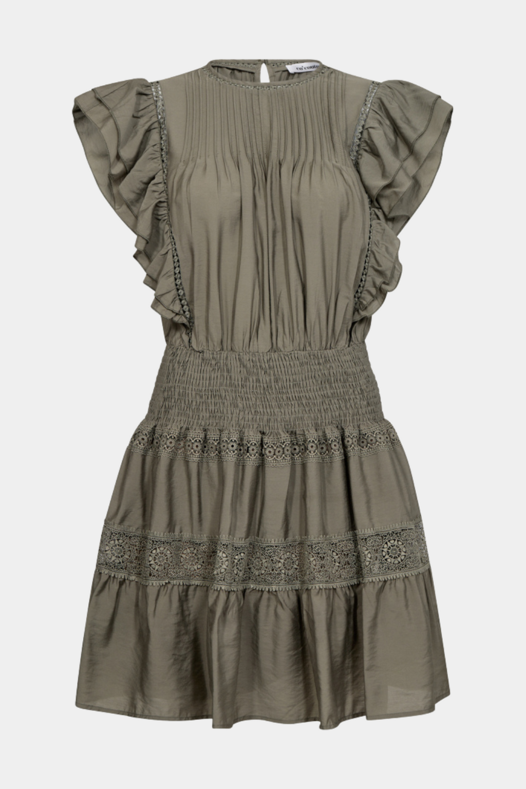 kjole, dress, army, grøn oliven, mørkegrøn, flæser, flæse, blonde, blonder, elastik, smok, Fin, smuk, elegant, klassisk, feminin, pæn, rå, cool, sej, unik, musthave, hverdag, fest 