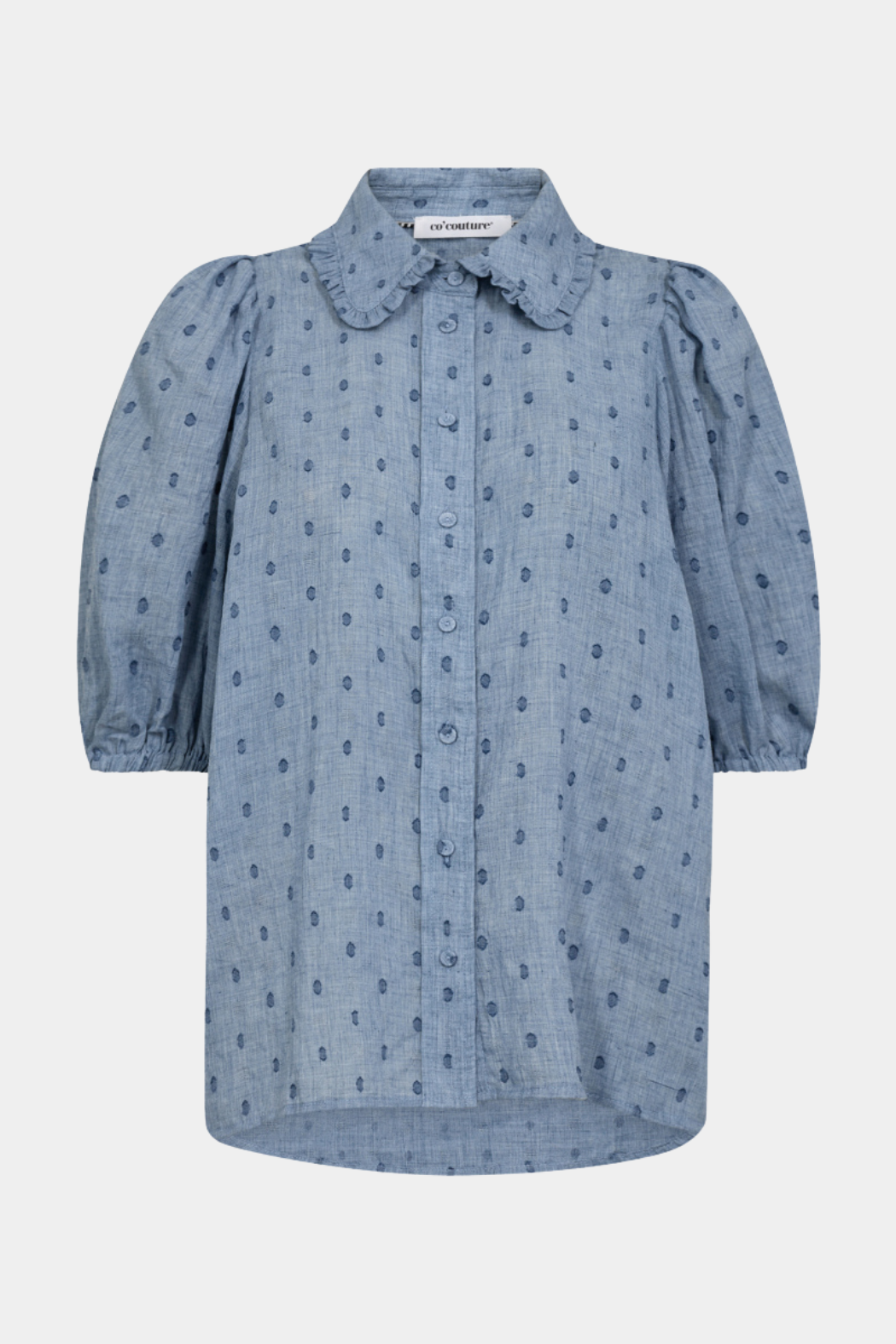 Skorte, bluse, overdel, knapper, prikker, blå, flæser, fin, smuk, elegant, klassisk, feminin, pæn, rå, cool, sej, unik, musthave, hverdag, fest