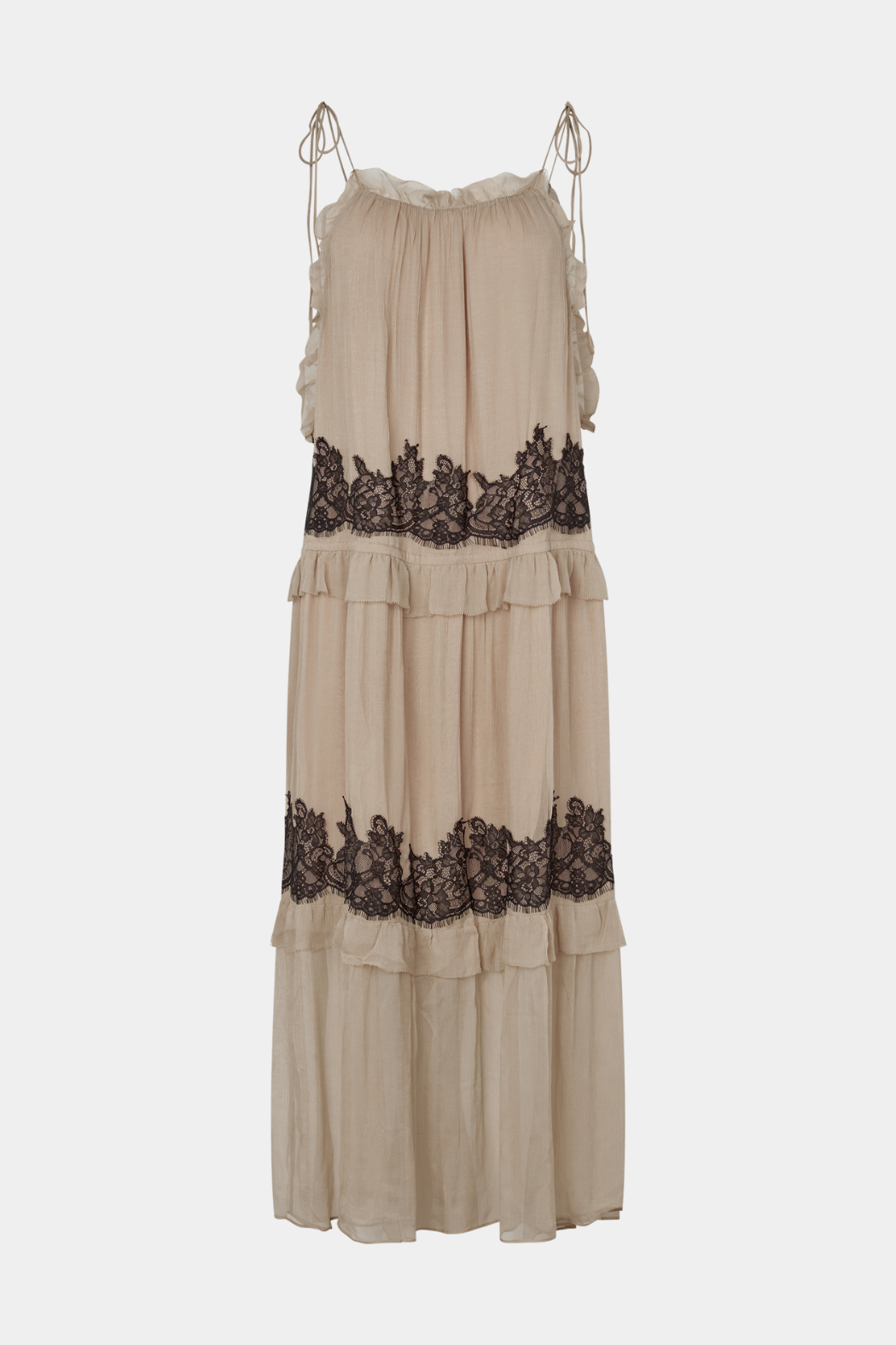 Kjole, dress, mexi, maxidress, flæder, blonder, lace, frill, meige, creme, brun, Fin, smuk, elegant, klassisk, staple, feminin, pæn, rå, cool, sej, unik, musthave, hverdag, fest, kvinde, dame, woman
