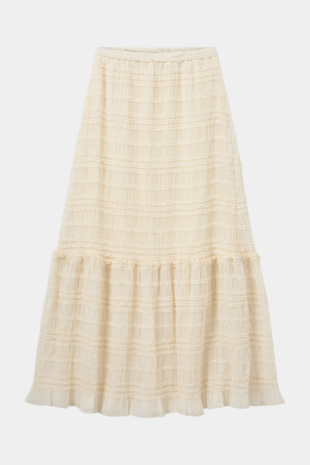 nederdel, skirt, maxi, maxiskirt, lang, flæser, læg, elastik, løs, loose, hvid, creme, råhvid, beige, sommer, summer, forår, spring, elegant, fin, feminin, hverdag, fest, kvinde, dame, woman