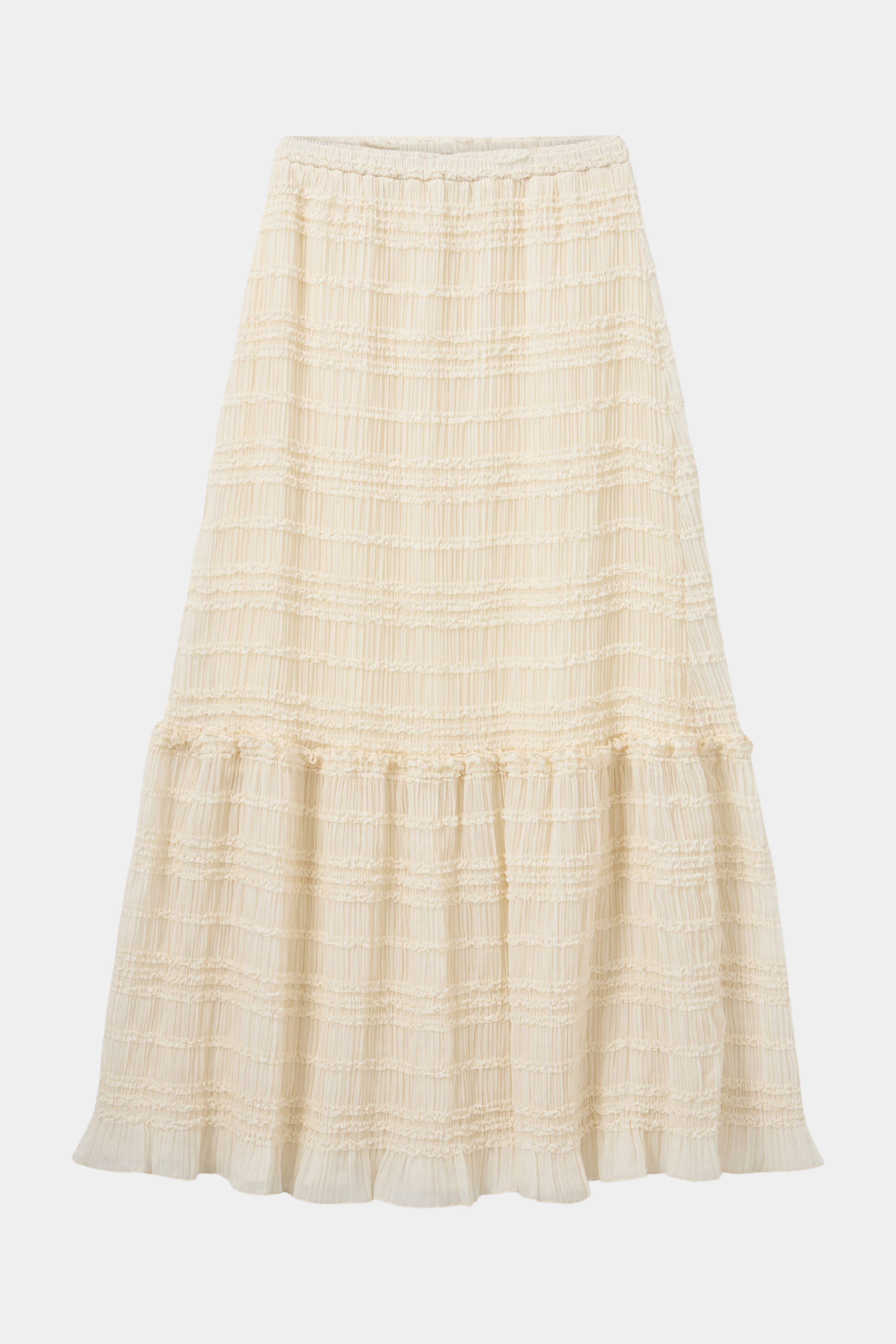 nederdel, skirt, maxi, maxiskirt, lang, flæser, læg, elastik, løs, loose, hvid, creme, råhvid, beige, sommer, summer, forår, spring, elegant, fin, feminin, hverdag, fest, kvinde, dame, woman