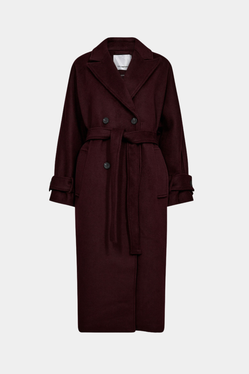 jakke, frakke, coat, rød, vinrød, bordeaux, varm, lang, bindebånd, Fin, smuk, elegant, klassisk, staple, feminin, pæn, rå, cool, sej, unik, musthave, hverdag, fest, kvinde, dame, woman
