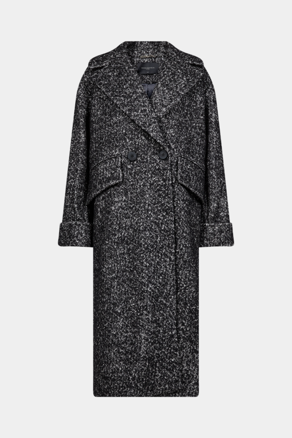 Jakke, frakke, coat, lang, oversize, tung, varm, melange, sort, grå, Fin, smuk, elegant, klassisk, staple, feminin, pæn, rå, cool, sej, unik, musthave, hverdag, fest, kvinde, dame, woman
