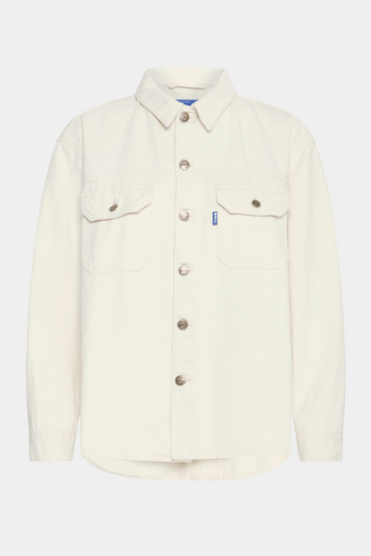 skjorte, shirt, overshirt, denim, cowboy, cowboyjakke, knapper, hvid, råhvid, offwhite, ecry, knækket hvid, Fin, smuk, elegant, klassisk, feminin, pæn, rå, cool, sej, unik, musthave, hverdag, fest, overshirt, jakke, kvinde, dame, woman, unisex