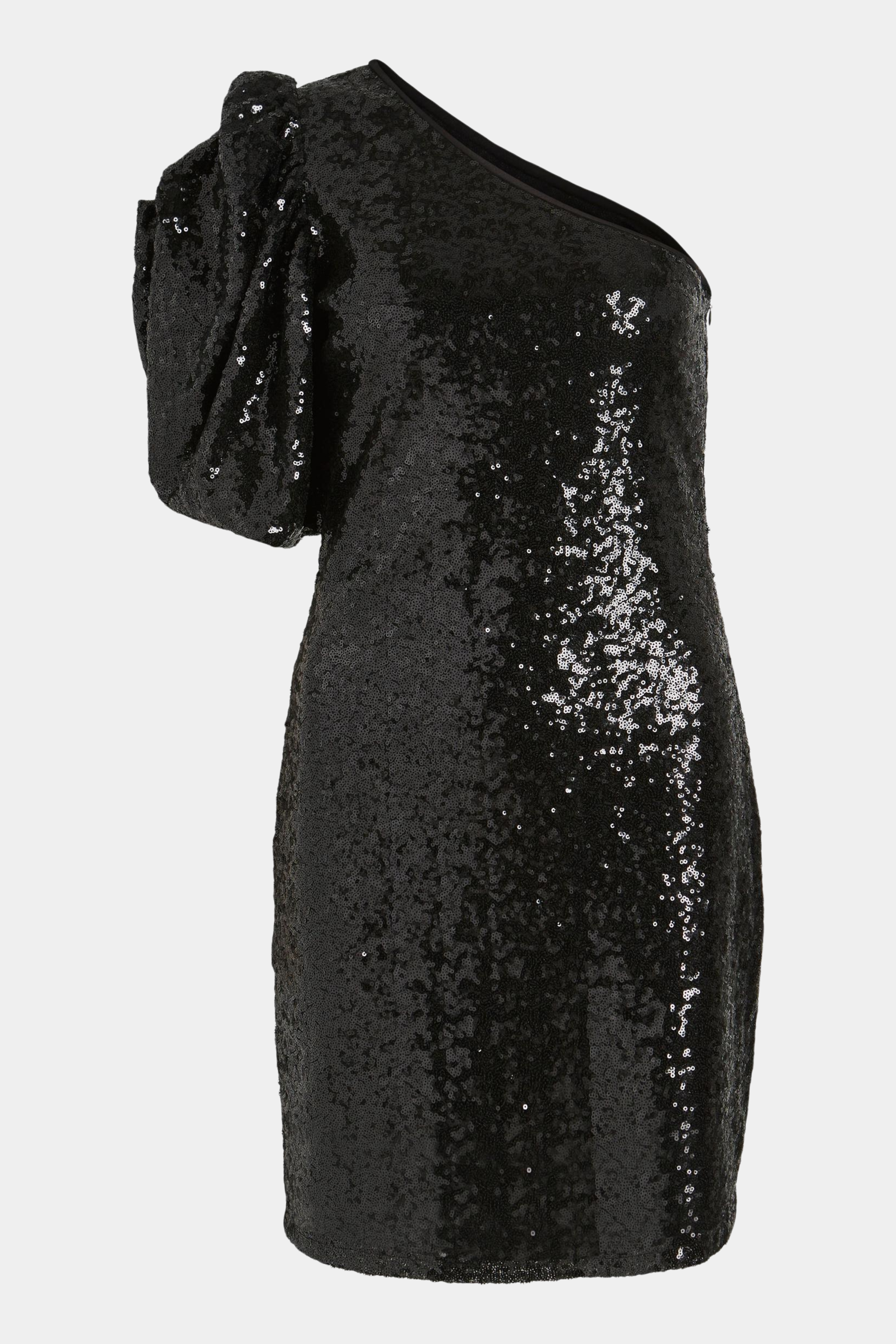 kjole, dress, mini, midi, faconsyet, figursyet, tætsiddende, tight, stram, pufærme, one shoulder, bar skulder, sequin, paillet, pailletter, palietter, sort, black, shiny, glitter, glimmer, elegant, fin, feminin, hverdag, fest, kvinde, dame, woman, nytår, jul