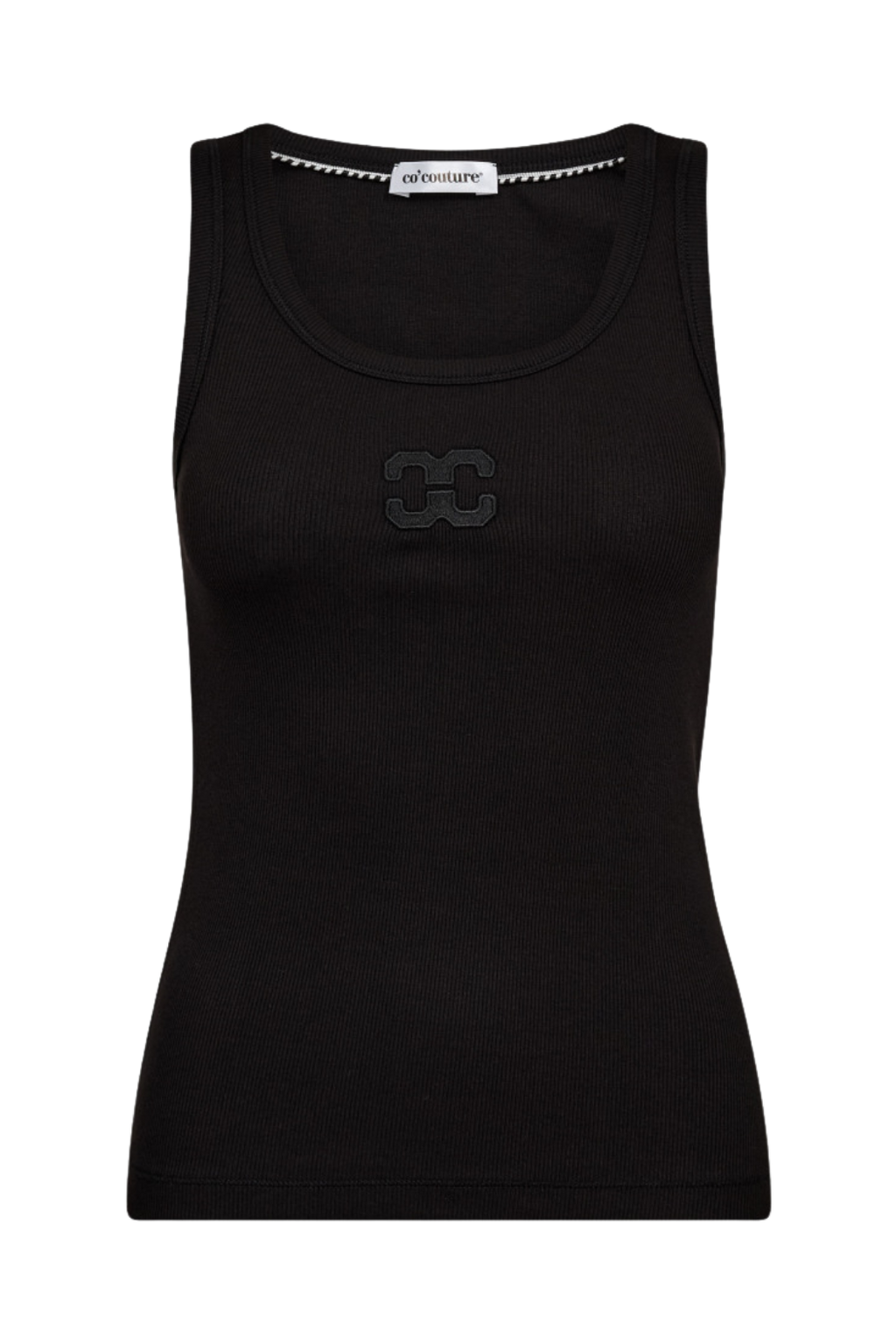 top, tanktop, blød, rib, logo, broderi, sort, Fin, smuk, elegant, klassisk, staple, feminin, pæn, rå, cool, sej, unik, musthave, hverdag, fest, kvinde, dame, woman
