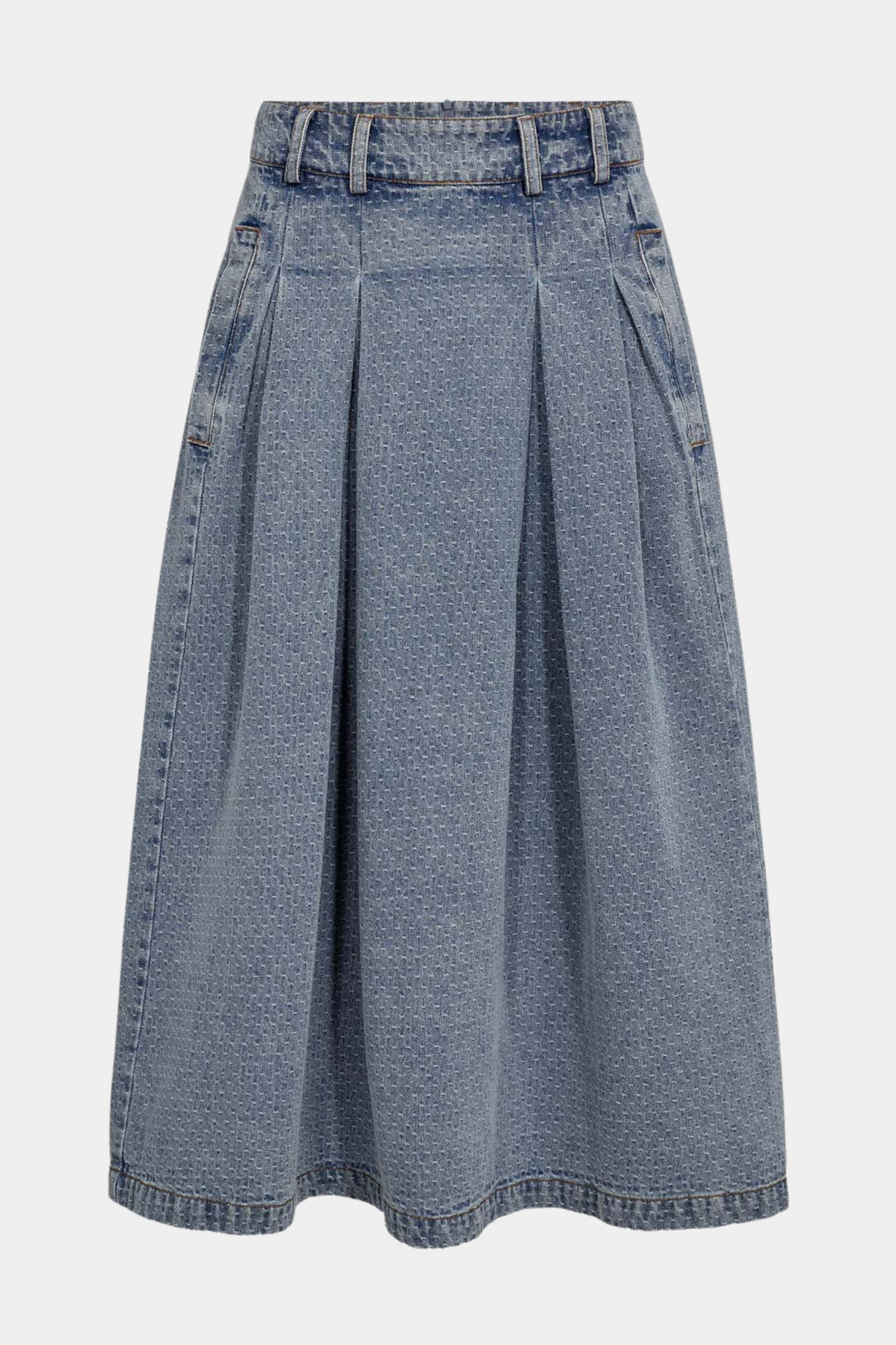 nederdel, skirt, mellemlang, lys denim, mønster, lommer, Fin, smuk, elegant, klassisk, staple, feminin, pæn, rå, cool, sej, unik, musthave, hverdag, fest, kvinde, dame, woman
