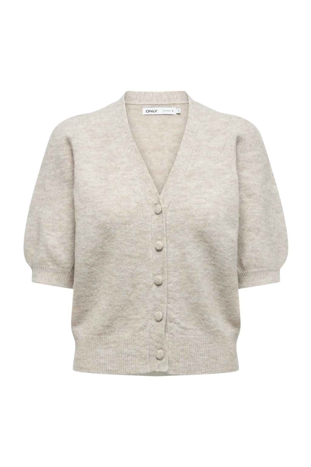 cardigan, knit, strik, bluse, kortærmet, korte ærmer, pufærme, knapper, beige, melange, blød, varm, Fin, smuk, elegant, klassisk, staple, feminin, pæn, rå, cool, sej, unik, musthave, hverdag, fest, kvinde, dame, woman
