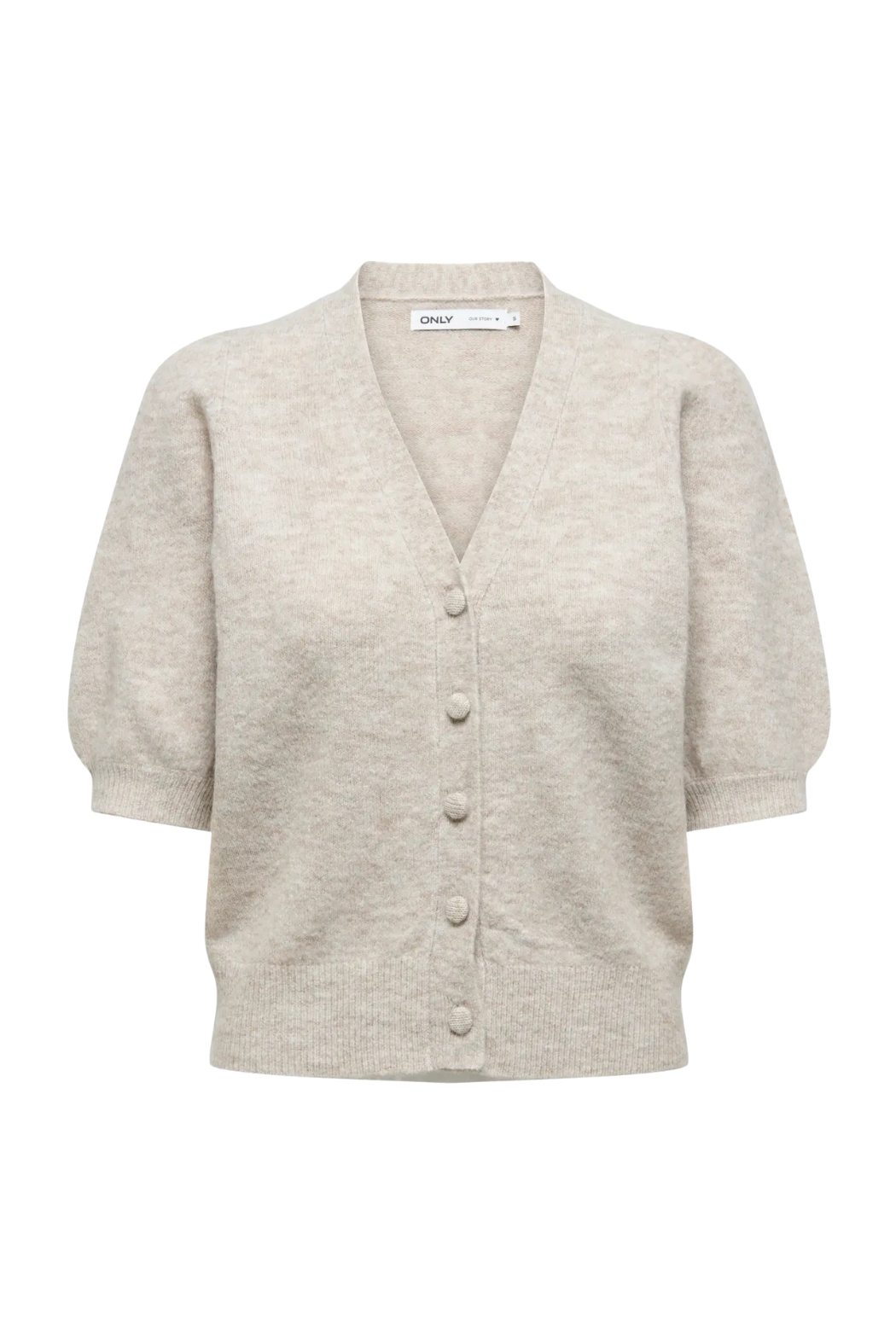 cardigan, knit, strik, bluse, kortærmet, korte ærmer, pufærme, knapper, beige, melange, blød, varm, Fin, smuk, elegant, klassisk, staple, feminin, pæn, rå, cool, sej, unik, musthave, hverdag, fest, kvinde, dame, woman

