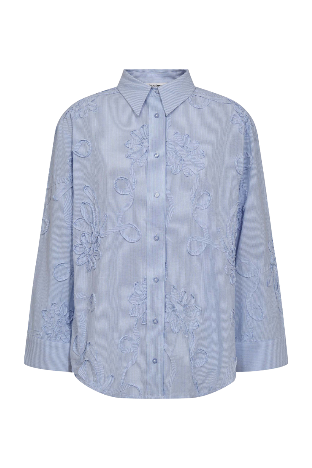 skjorte, shirt, lyseblå, stribet, blomster, påsat, knapper, oversize, løs, loosefit, Fin, smuk, elegant, klassisk, staple, feminin, pæn, rå, cool, sej, unik, musthave, hverdag, fest, kvinde, dame, woman
