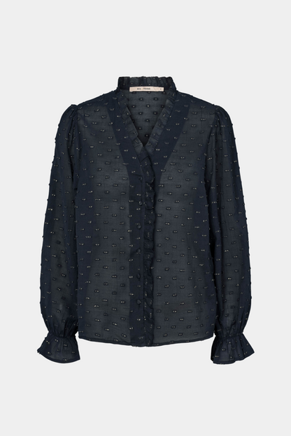 skjorte, bluse, shirt, overdel, blå, mørkblå, dyb blå, glimmer, glitter, prikker, dots, flæse, flæser, fin, smuk, elegant, klassisk, feminin, pæn, rå, cool, sej, unik, musthave, hverdag, fest