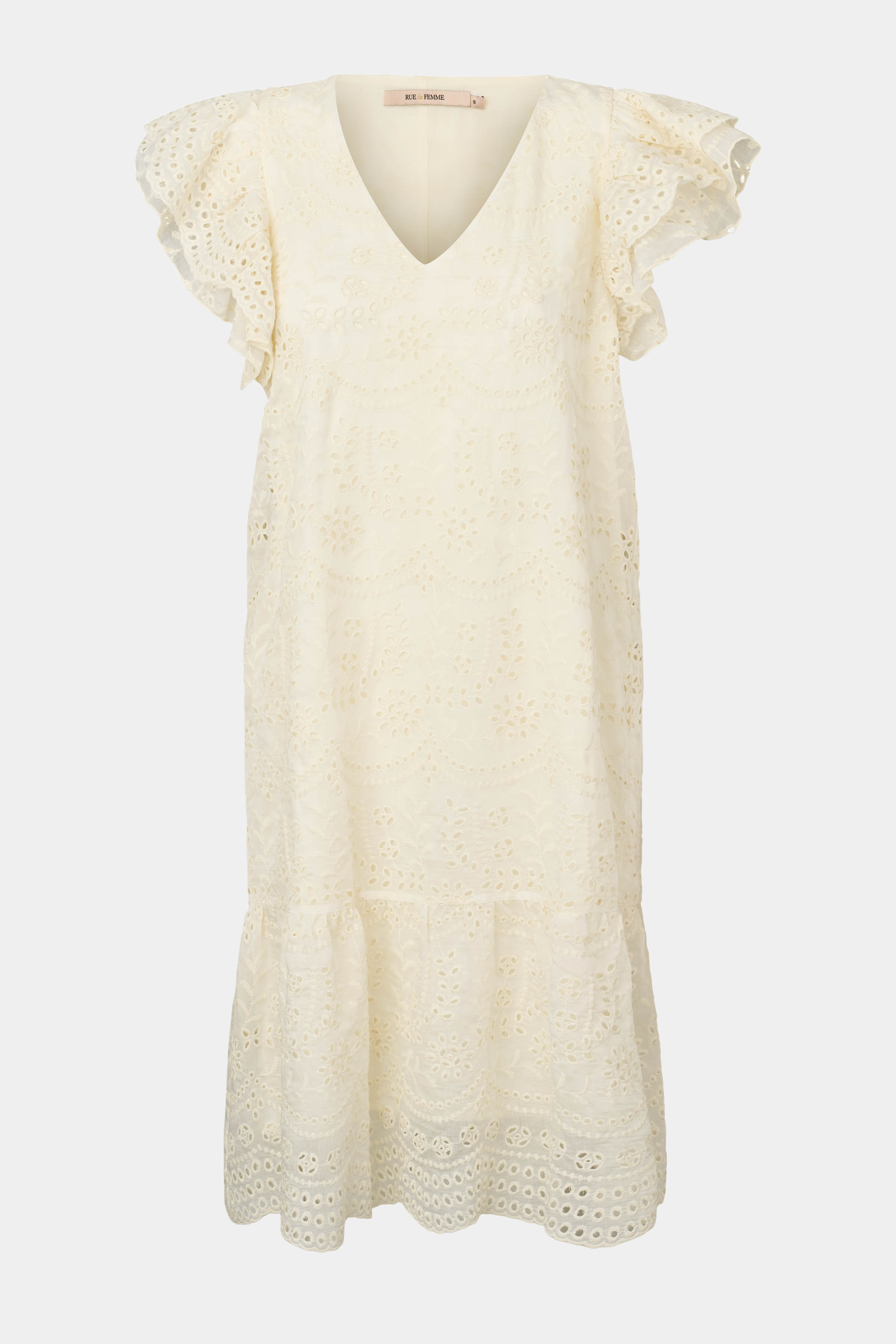kjole, dress, broderi, broderi anglaise, råhvid, off white, ivory, feminin, v-hals, kortærmet, knælang, flæse, løs, loose, elegant, fin, hverdag, fest, sommer, sommerkjole, let, luftig, bomuld, cotton, vinde, dame, woman