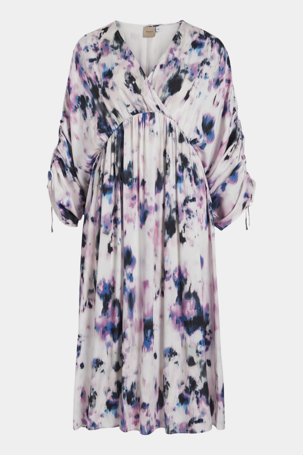 kjole, dress, midi, knælang, løs, loose, print, watercolor, farverig, rynk, rynke, skæring,  peplum, v-hals, blød, soft, viskose, natur, forår, sommer, sommerkjole, fest, festkjole, elegant, fin, feminin, hverdag, kvinde, dame, woman, pink, blue, blå, purple, lilla