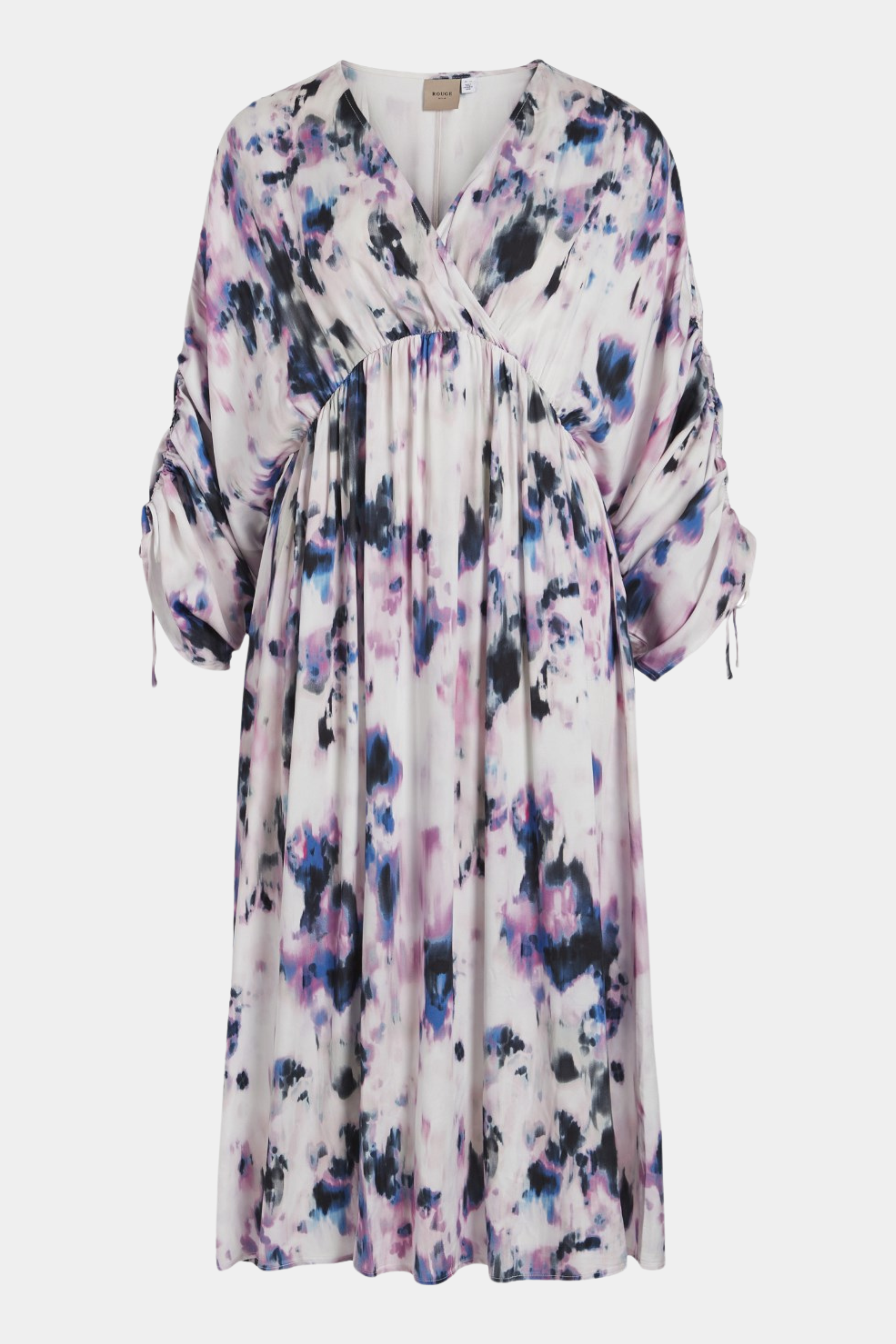 kjole, dress, midi, knælang, løs, loose, print, watercolor, farverig, rynk, rynke, skæring,  peplum, v-hals, blød, soft, viskose, natur, forår, sommer, sommerkjole, fest, festkjole, elegant, fin, feminin, hverdag, kvinde, dame, woman, pink, blue, blå, purple, lilla
