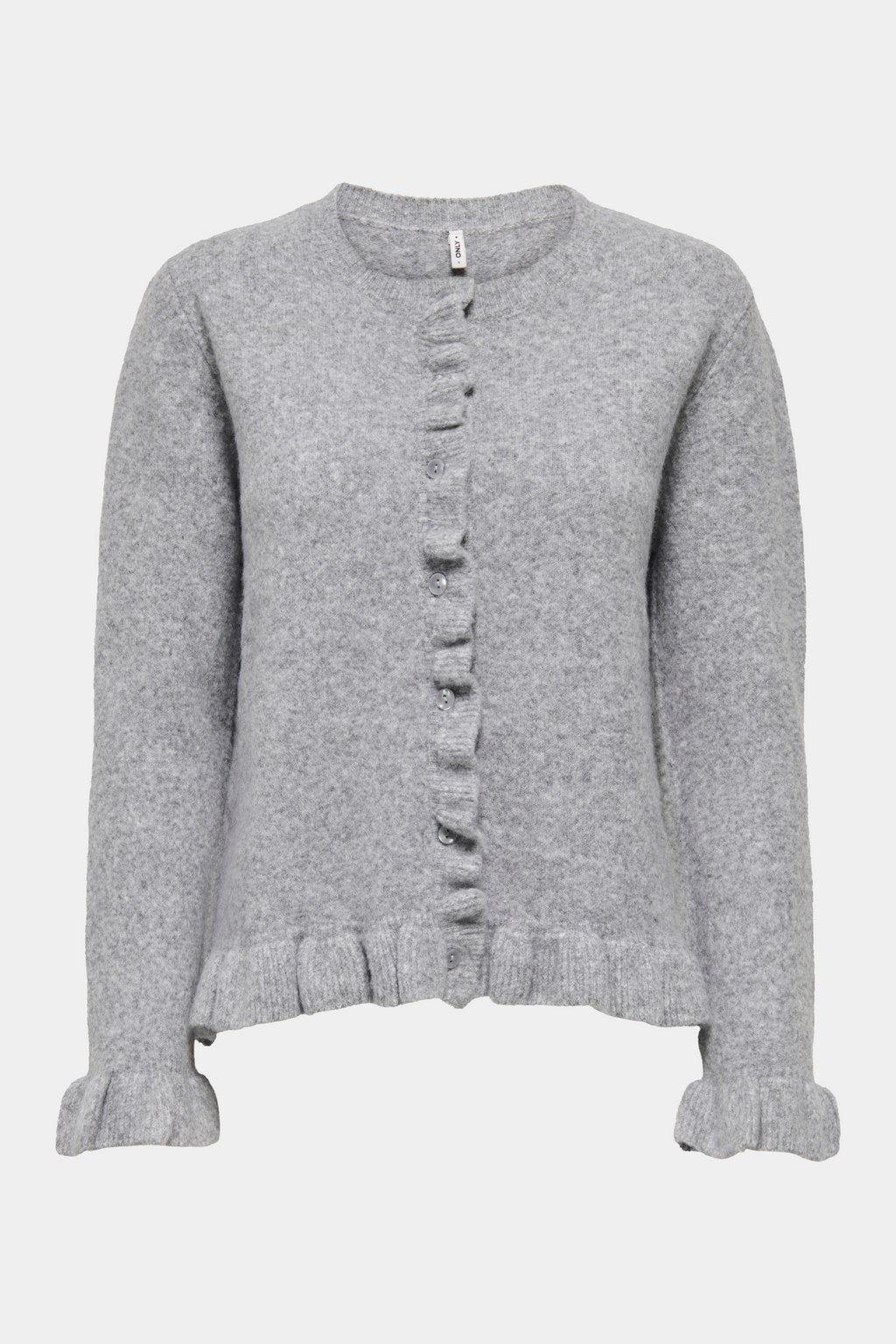 Fin, smuk, elegant, klassisk, staple, feminin, pæn, rå, cool, sej, unik, musthave, hverdag, fest, kvinde, dame, woman, cardigan, strik, knit, trøje, pullover, flæser, frynser, knapper, rund hals, blød, soft, langærmet, stretchy, klassisk, classic, grå, grey, melange, meleret
