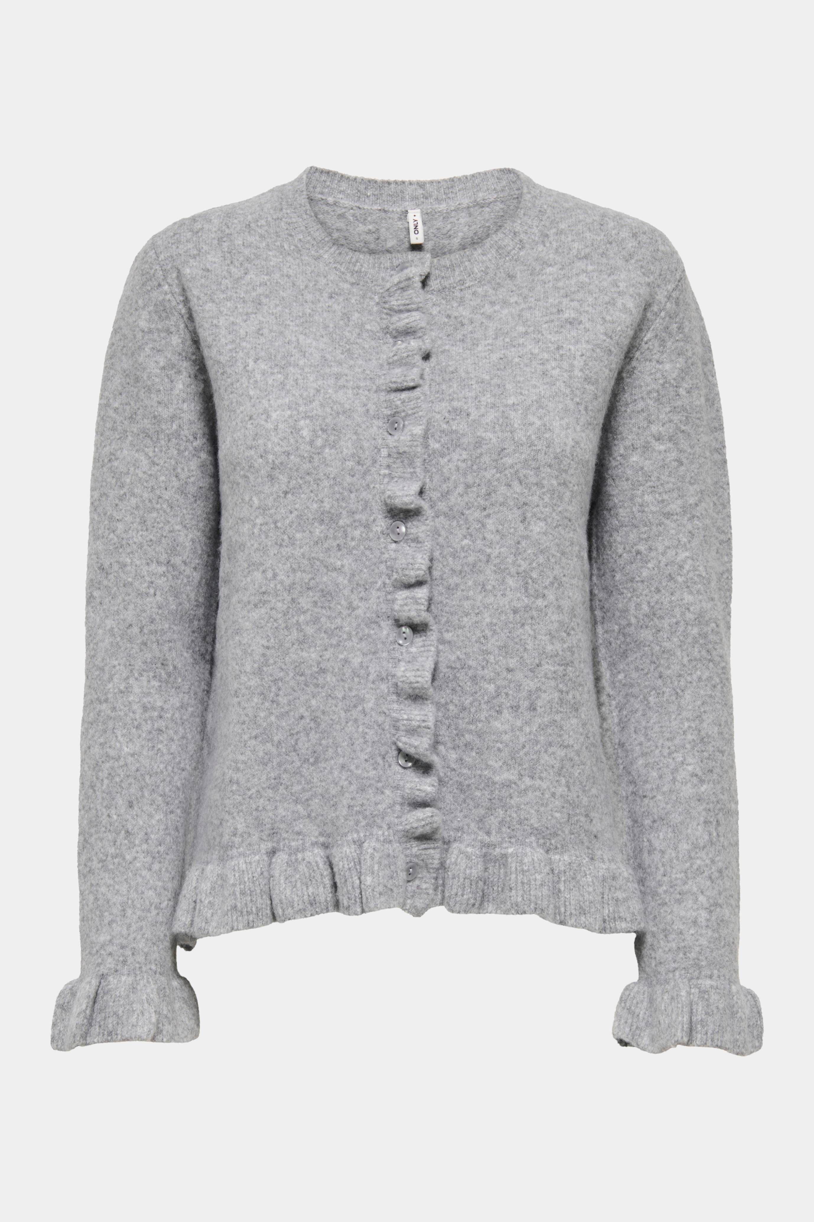 Fin, smuk, elegant, klassisk, staple, feminin, pæn, rå, cool, sej, unik, musthave, hverdag, fest, kvinde, dame, woman, cardigan, strik, knit, trøje, pullover, flæser, frynser, knapper, rund hals, blød, soft, langærmet, stretchy, klassisk, classic, grå, grey, melange, meleret