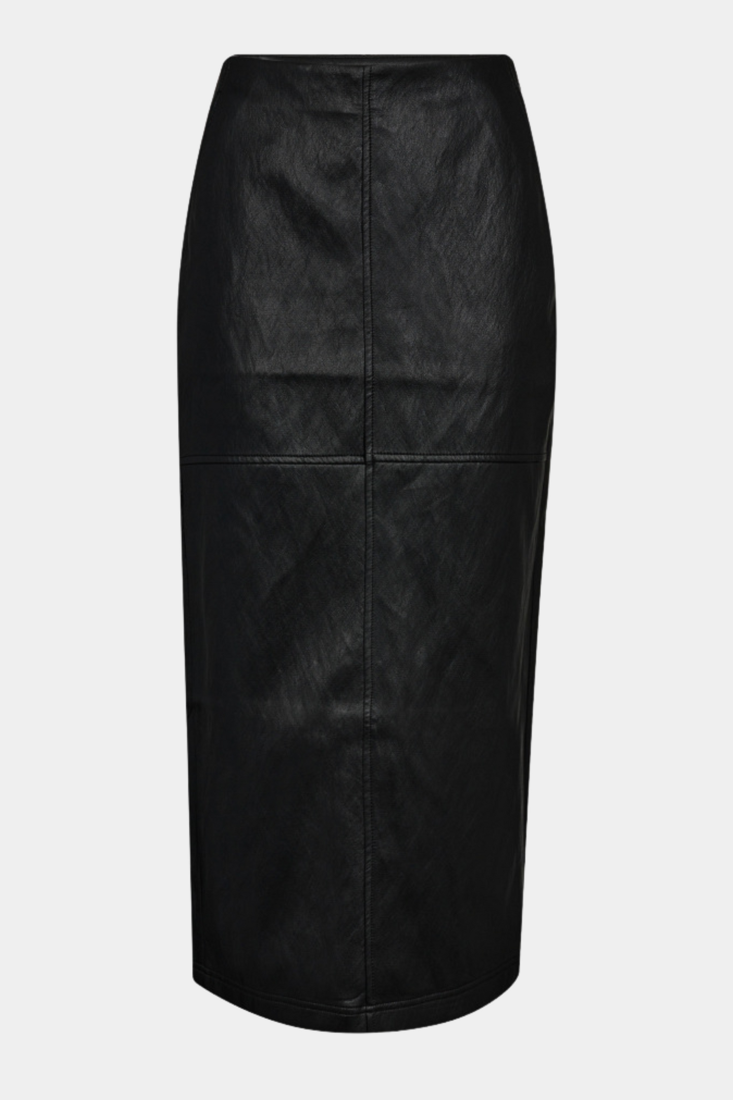 Fin, smuk, elegant, klassisk, staple, feminin, pæn, rå, cool, sej, unik, musthave, hverdag, fest, kvinde, dame, woman, nederdel, skirt, pencil, pencilskirt, lang, midi, stram, tætsiddende, tight, slim, elastik, stretch, stretchy, blød, soft, PU, faux, læder, leather, skind, sort, black