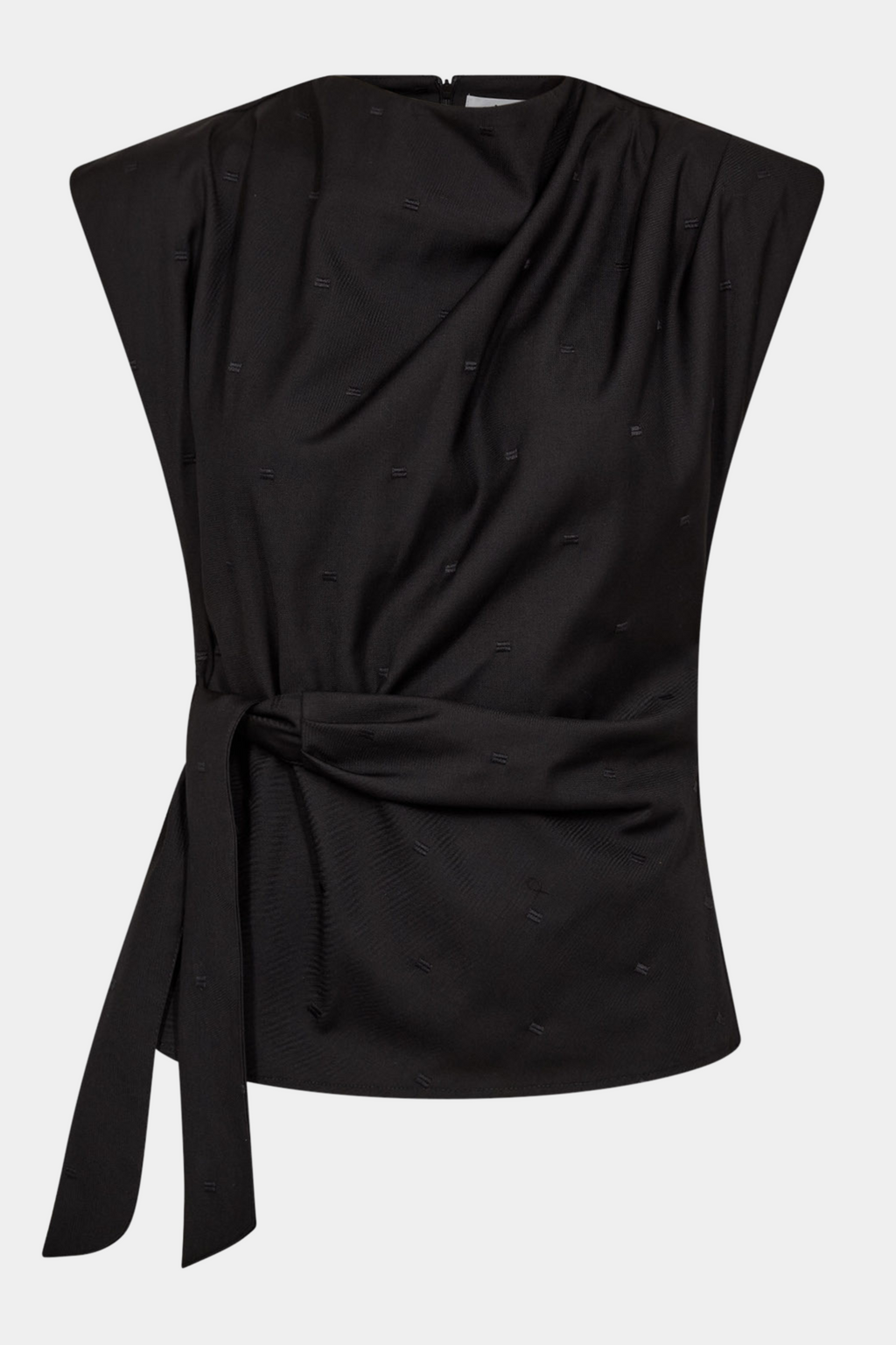 Fin, smuk, elegant, klassisk, staple, feminin, pæn, rå, cool, sej, unik, musthave, hverdag, fest, kvinde, dame, woman, top, bluse, blouse, ærmeløs, sort, black, broderet, broderi, •, prikker, bindebånd, bælte, wrap, vandfal, waterfall, rynke, høj hals, business, arbejde, work, suit, suiting