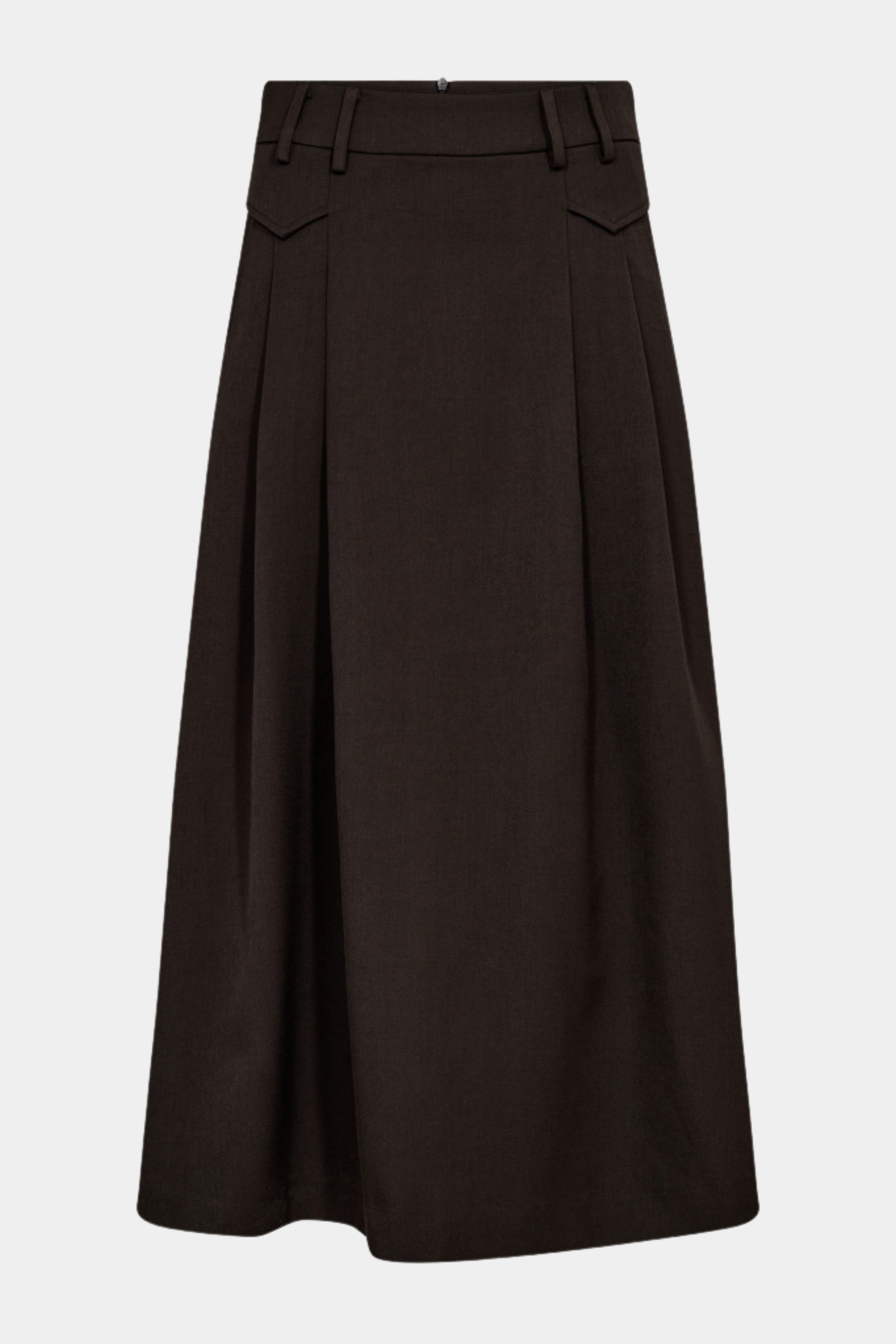 nederdel, skirt, lang, tung, bæltestropper, lommer, læg, brun, brown, mørkebrun, Fin, smuk, elegant, klassisk, staple, feminin, pæn, rå, cool, sej, unik, musthave, hverdag, fest, kvinde, dame, woman
