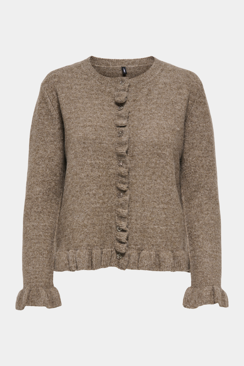 Fin, smuk, elegant, klassisk, staple, feminin, pæn, rå, cool, sej, unik, musthave, hverdag, fest, kvinde, dame, woman, cardigan, strik, knit, trøje, pullover, flæser, frynser, knapper, rund hals, blød, soft, langærmet, stretchy, klassisk, classic, brun, brown, meleret, melange
