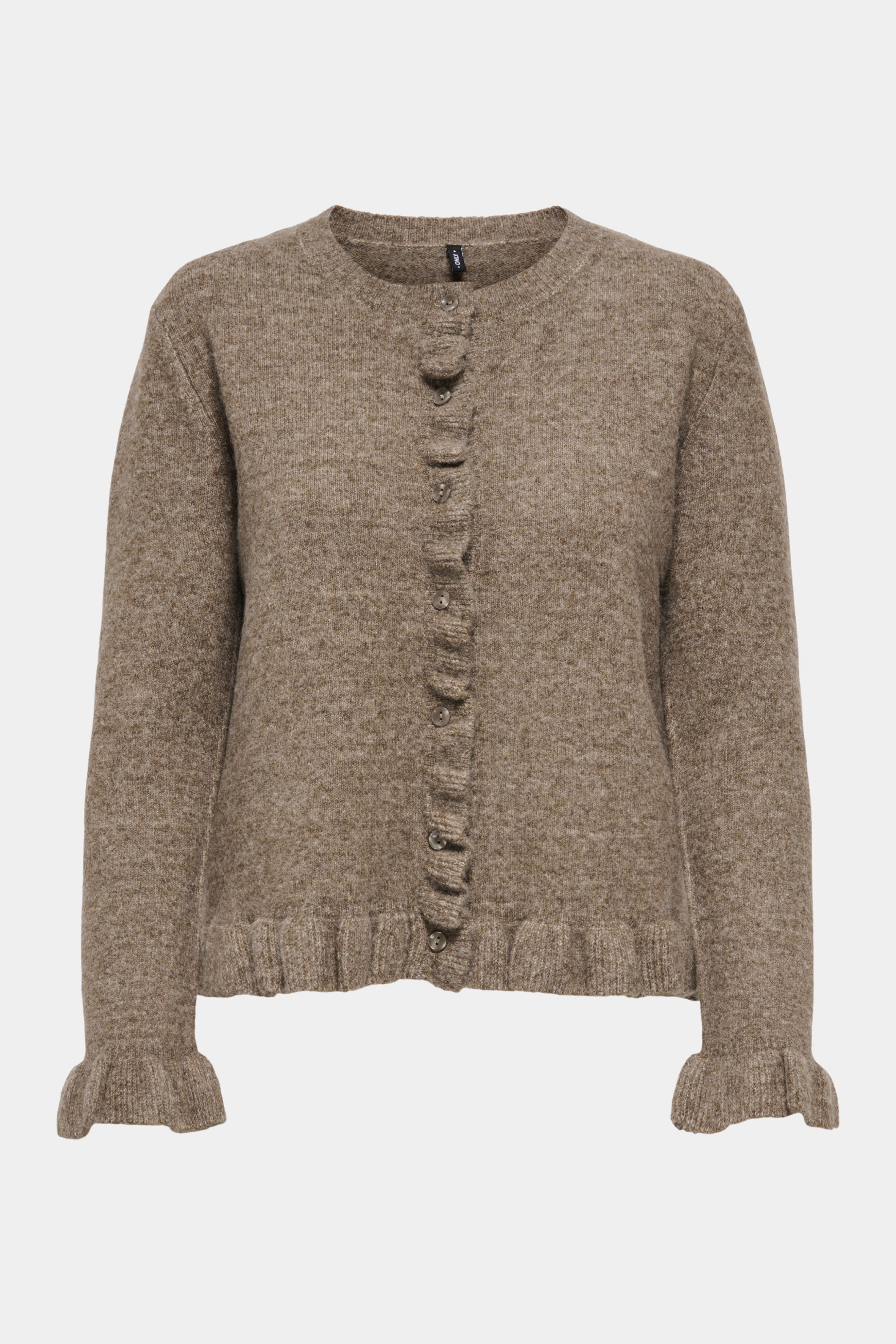 Fin, smuk, elegant, klassisk, staple, feminin, pæn, rå, cool, sej, unik, musthave, hverdag, fest, kvinde, dame, woman, cardigan, strik, knit, trøje, pullover, flæser, frynser, knapper, rund hals, blød, soft, langærmet, stretchy, klassisk, classic, brun, brown, meleret, melange