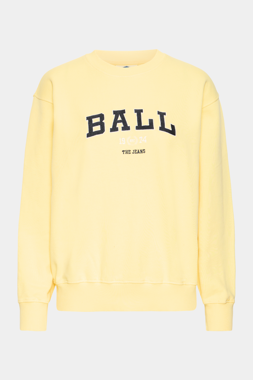 sweat, sweatshirt, crewneck, bluse, gul, lysegul, pastelgul, logo, broderi, Fin, smuk, elegant, klassisk, staple, feminin, pæn, rå, cool, sej, unik, musthave, hverdag, fest, kvinde, dame, woman, sporty, workout, træning