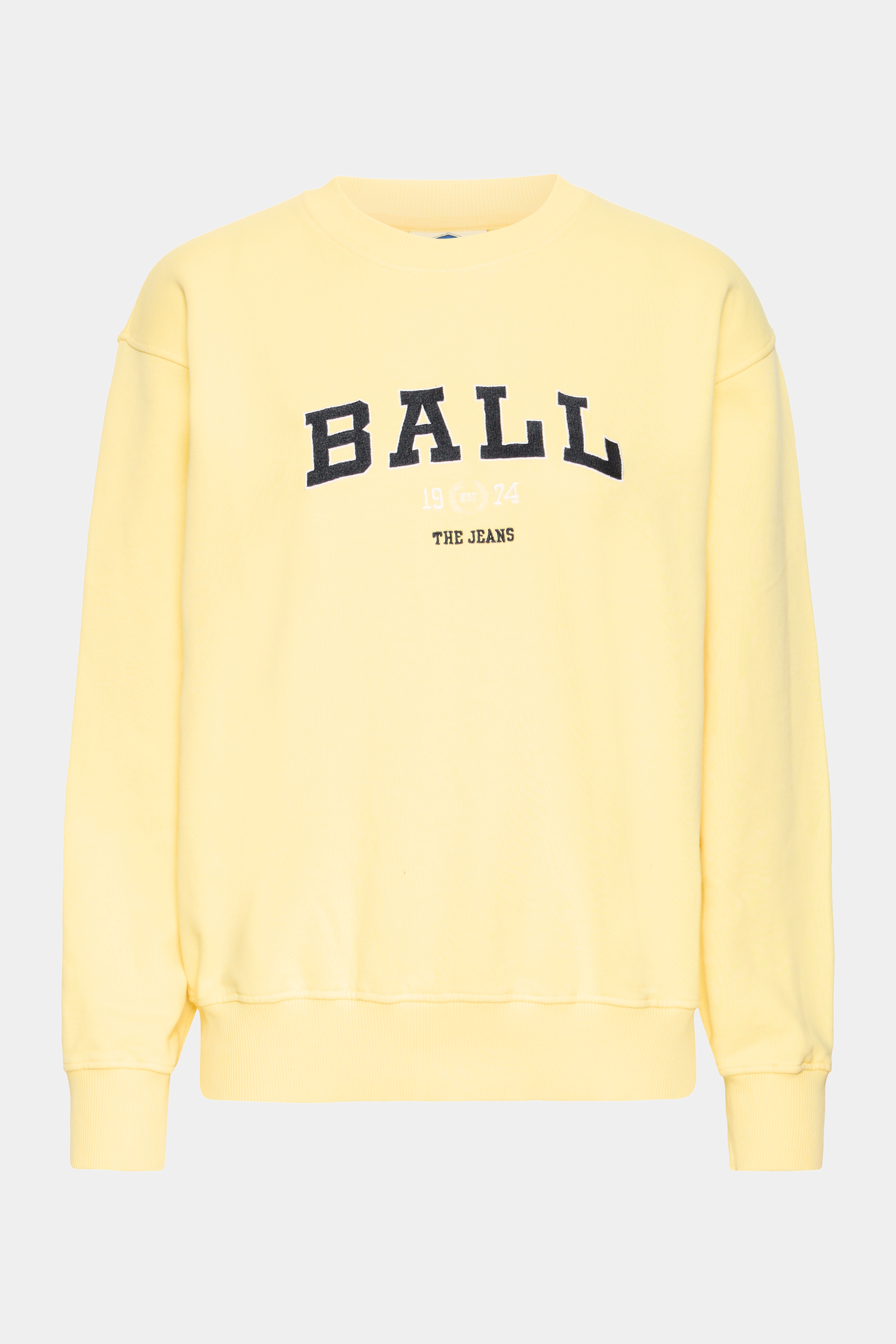 sweat, sweatshirt, crewneck, bluse, gul, lysegul, pastelgul, logo, broderi, Fin, smuk, elegant, klassisk, staple, feminin, pæn, rå, cool, sej, unik, musthave, hverdag, fest, kvinde, dame, woman, sporty, workout, træning