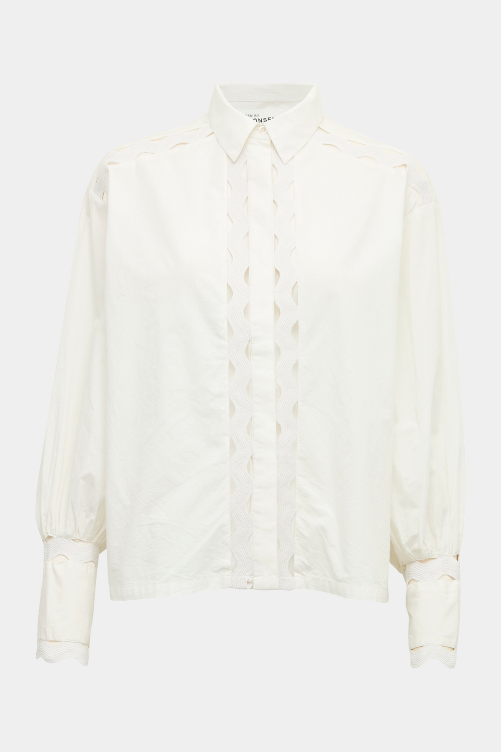 skjorte, bluse, blouse, shirt, skjortebluse, hvid, white, elegant, fin, feminin, flæser, blonder, lace, langærmet, bomuld, cotton, crispy, soft, blød, strygefri, krave, Copenhagen muse, Malene Birger, hverdag, fest, kvinde, dame, woman, business, classic, staple