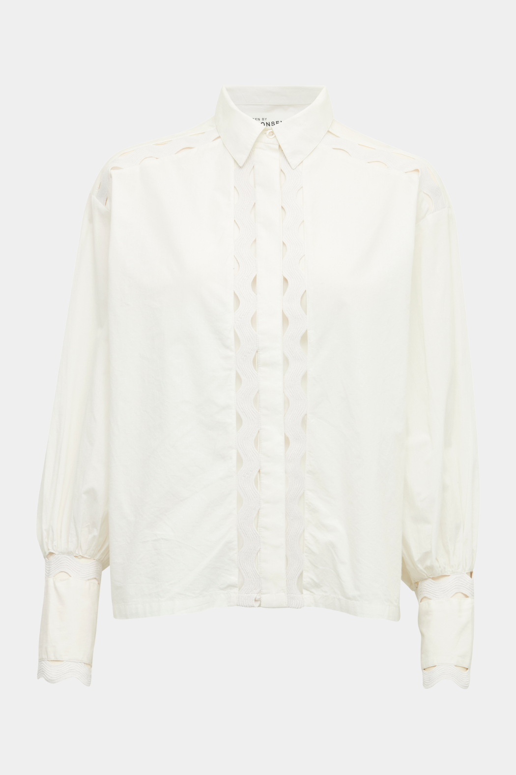 skjorte, bluse, blouse, shirt, skjortebluse, hvid, white, elegant, fin, feminin, flæser, blonder, lace, langærmet, bomuld, cotton, crispy, soft, blød, strygefri, krave, Copenhagen muse, Malene Birger, hverdag, fest, kvinde, dame, woman, business, classic, staple