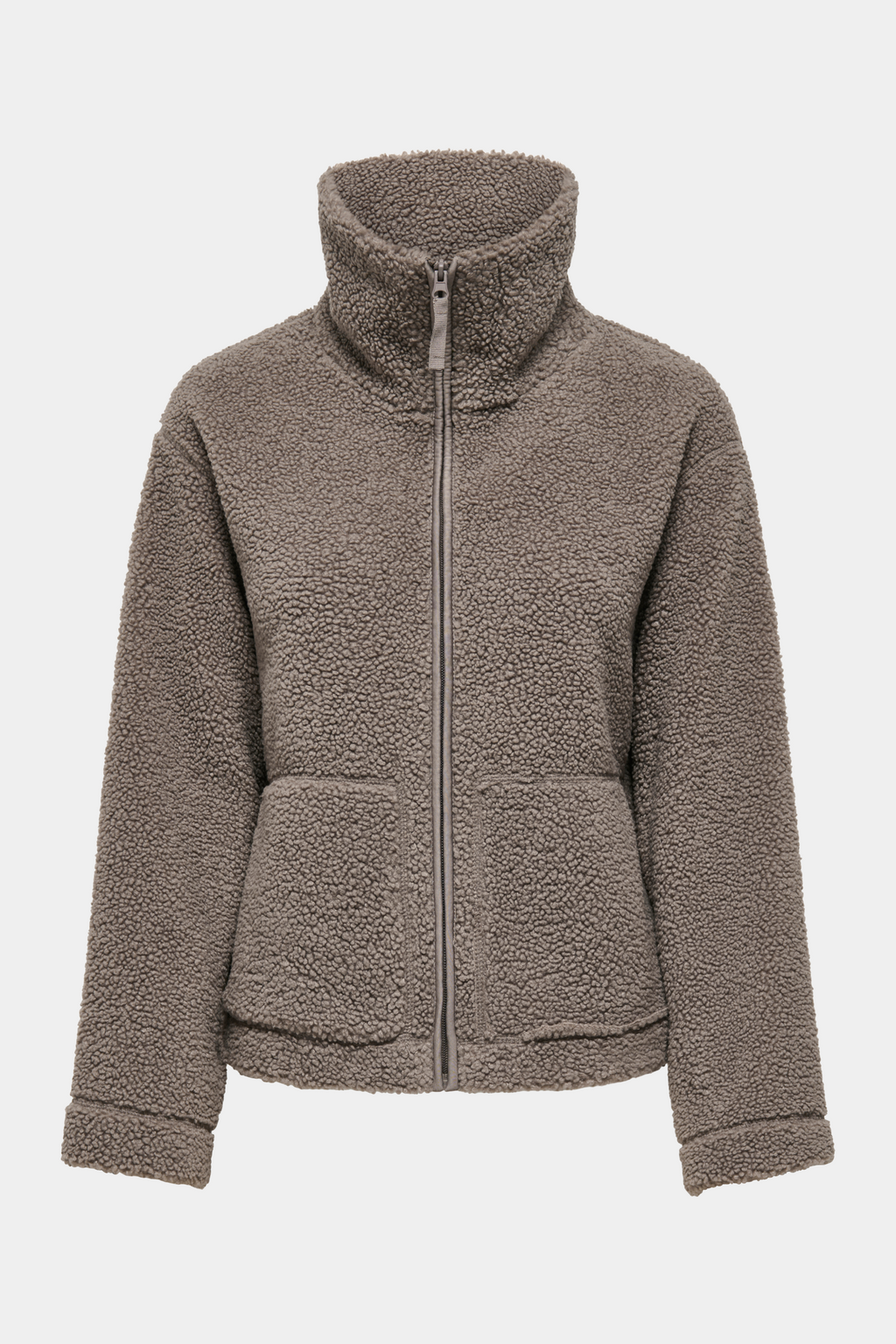 Fin, smuk, elegant, klassisk, staple, feminin, pæn, rå, cool, sej, unik, musthave, hverdag, fest, kvinde, dame, woman, jakke, frakke, coat, jacket, teddy, blød, soft, kort, short, brun, brown, lynlås, zipper, lommer, sporty, track, funktionsjakke