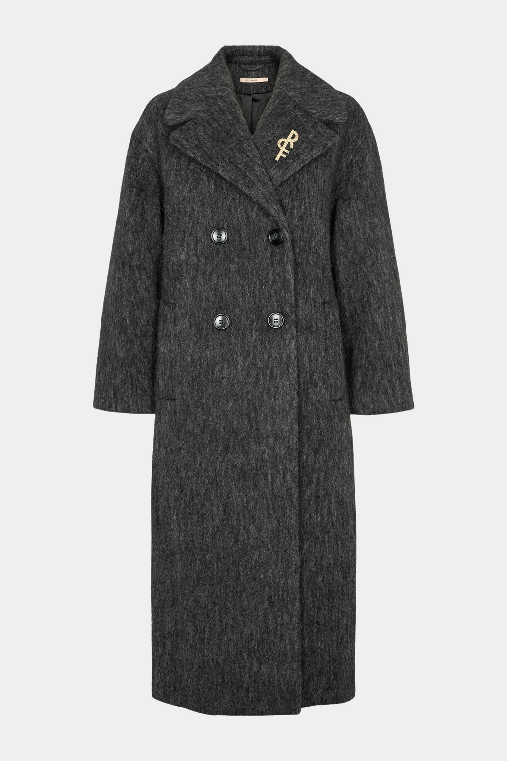 Fin, smuk, elegant, klassisk, staple, feminin, pæn, rå, cool, sej, unik, musthave, hverdag, fest, kvinde, dame, woman, jakke, frakke, overtøj, coat, grey, grå, mørkegrå, langhåret, fluffy, teddy, loose, oversize, løs, dobbeltradet, elegant, boyfriend, broche, logo, varm, warm, vinter, forår, efterår, spring, autumn