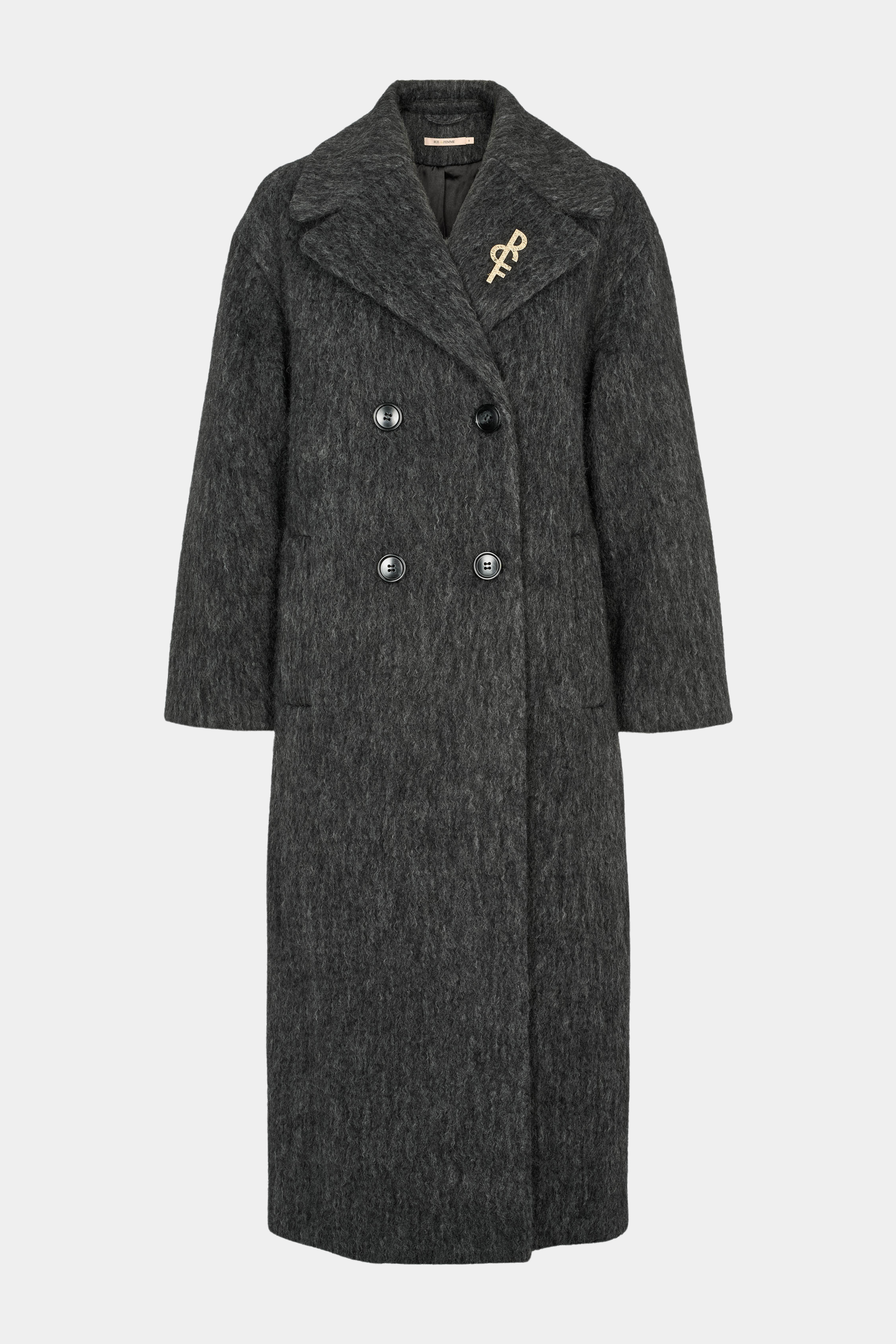 Fin, smuk, elegant, klassisk, staple, feminin, pæn, rå, cool, sej, unik, musthave, hverdag, fest, kvinde, dame, woman, jakke, frakke, overtøj, coat, grey, grå, mørkegrå, langhåret, fluffy, teddy, loose, oversize, løs, dobbeltradet, elegant, boyfriend, broche, logo, varm, warm, vinter, forår, efterår, spring, autumn
