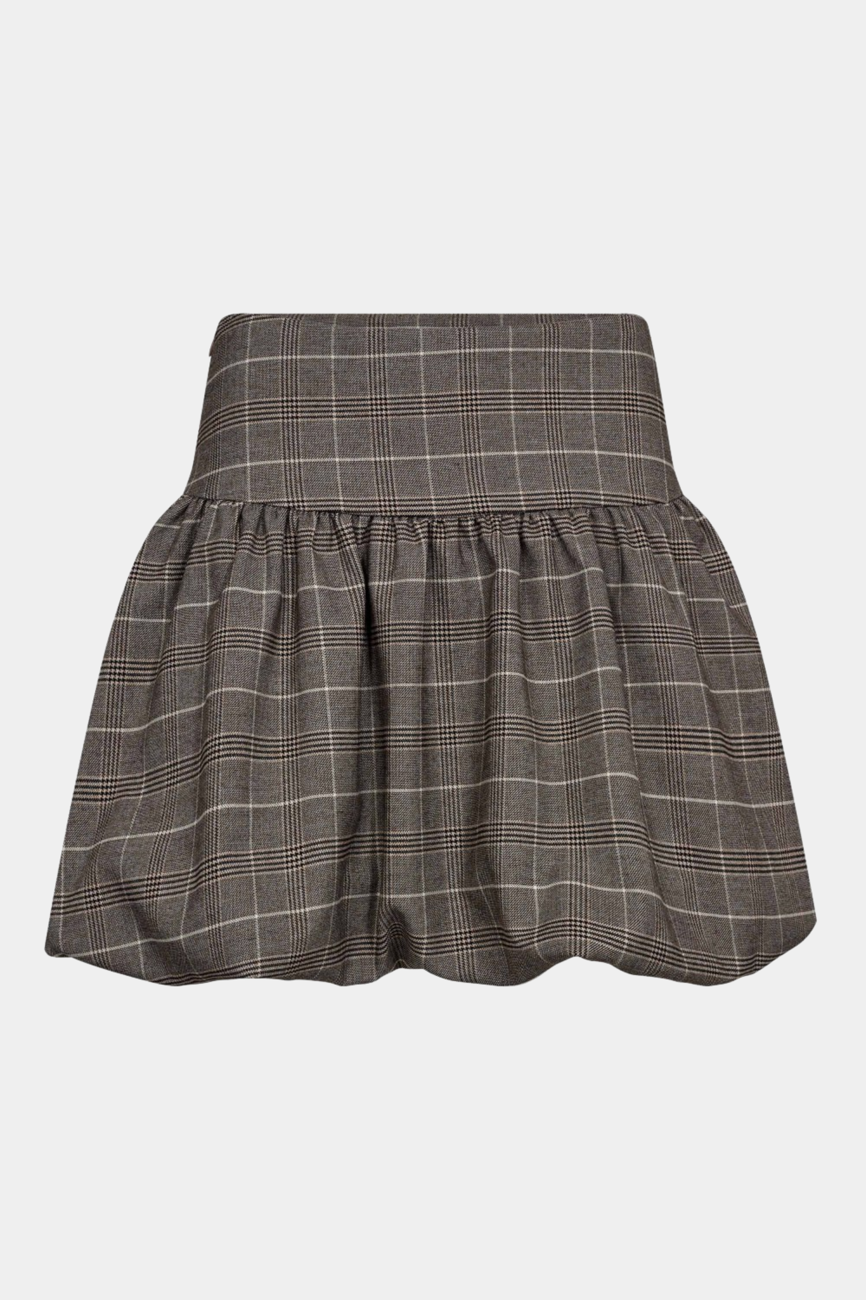 nederdel, skirt, mini, kort, ballon, balloon, tern, ternet, check, brun, valnød, Fin, smuk, elegant, klassisk, staple, feminin, pæn, rå, cool, sej, unik, musthave, hverdag, fest, kvinde, dame, woman
