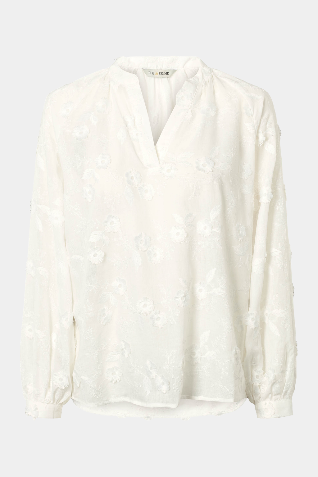 Fin, smuk, elegant, klassisk, staple, feminin, pæn, rå, cool, sej, unik, musthave, hverdag, fest, kvinde, dame, woman, skjorte, shirt, blouse, bluse, hvid, white, let, loose, blomster, flower, 3d, v-hals, pufærmer, elegant, transparent, translucent, sommer, summer, sommerskjorte