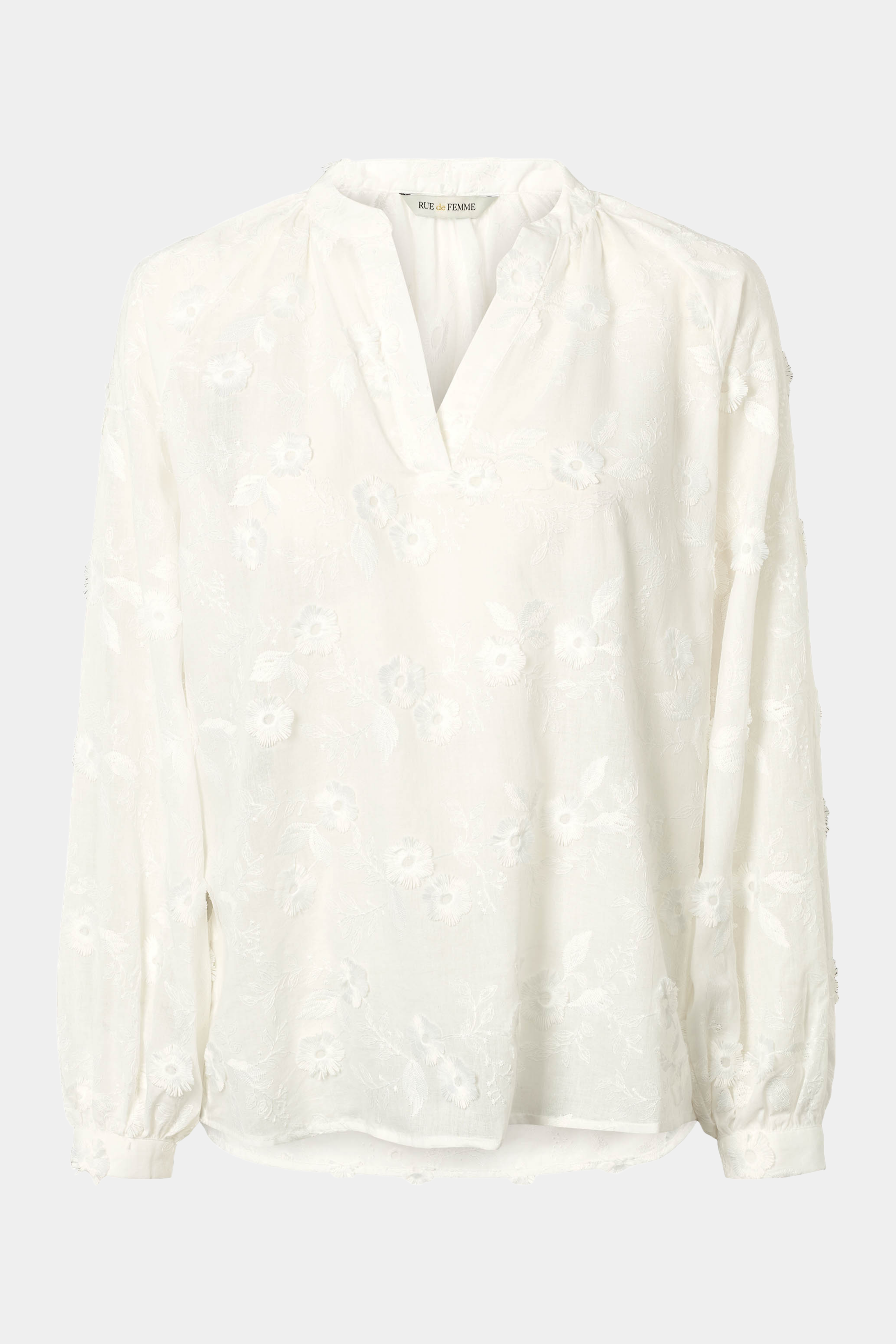 Fin, smuk, elegant, klassisk, staple, feminin, pæn, rå, cool, sej, unik, musthave, hverdag, fest, kvinde, dame, woman, skjorte, shirt, blouse, bluse, hvid, white, let, loose, blomster, flower, 3d, v-hals, pufærmer, elegant, transparent, translucent, sommer, summer, sommerskjorte