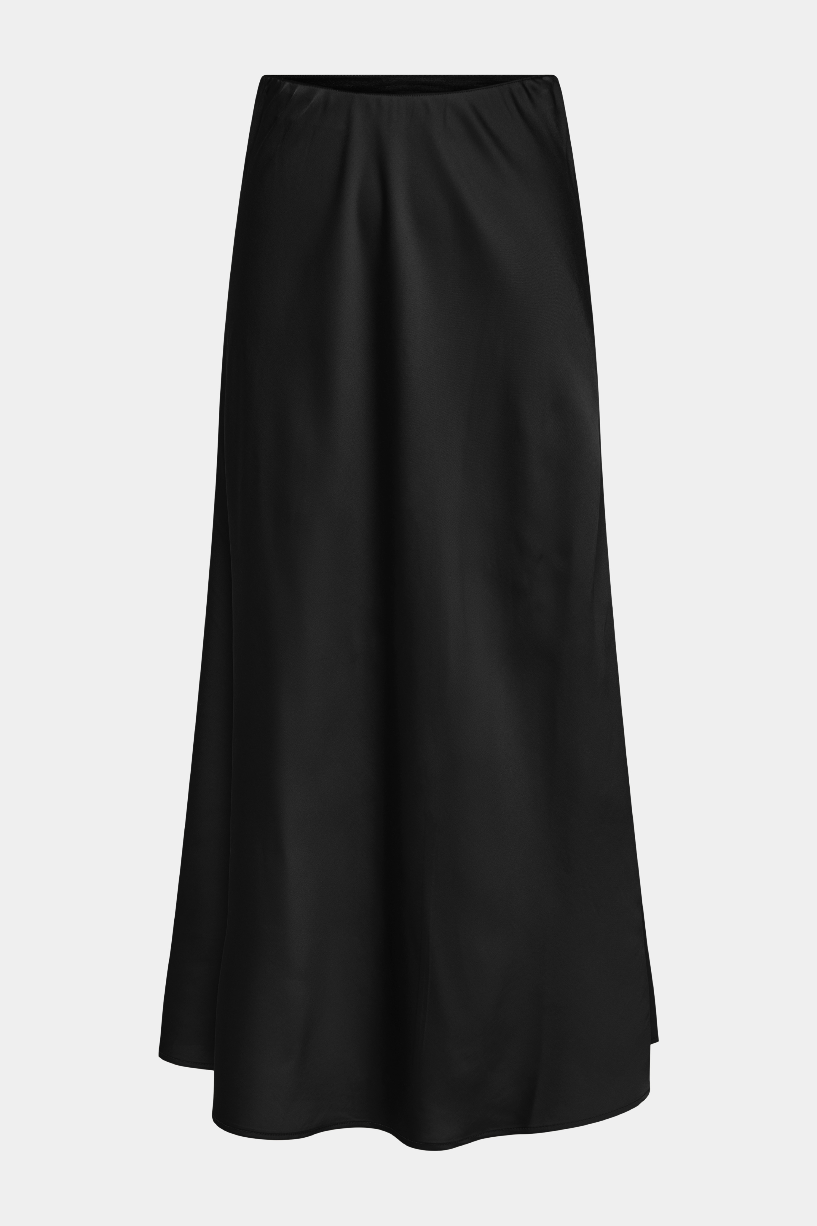 Fin, smuk, elegant, klassisk, staple, feminin, pæn, rå, cool, sej, unik, musthave, hverdag, fest, kvinde, dame, woman, nederdel, skirt, satin, sateen, sort, black, løs, loose, elastik, lang, long, maxi, ankellang, a-shape, blank, skindende, klassisk, classic, basic, simpel